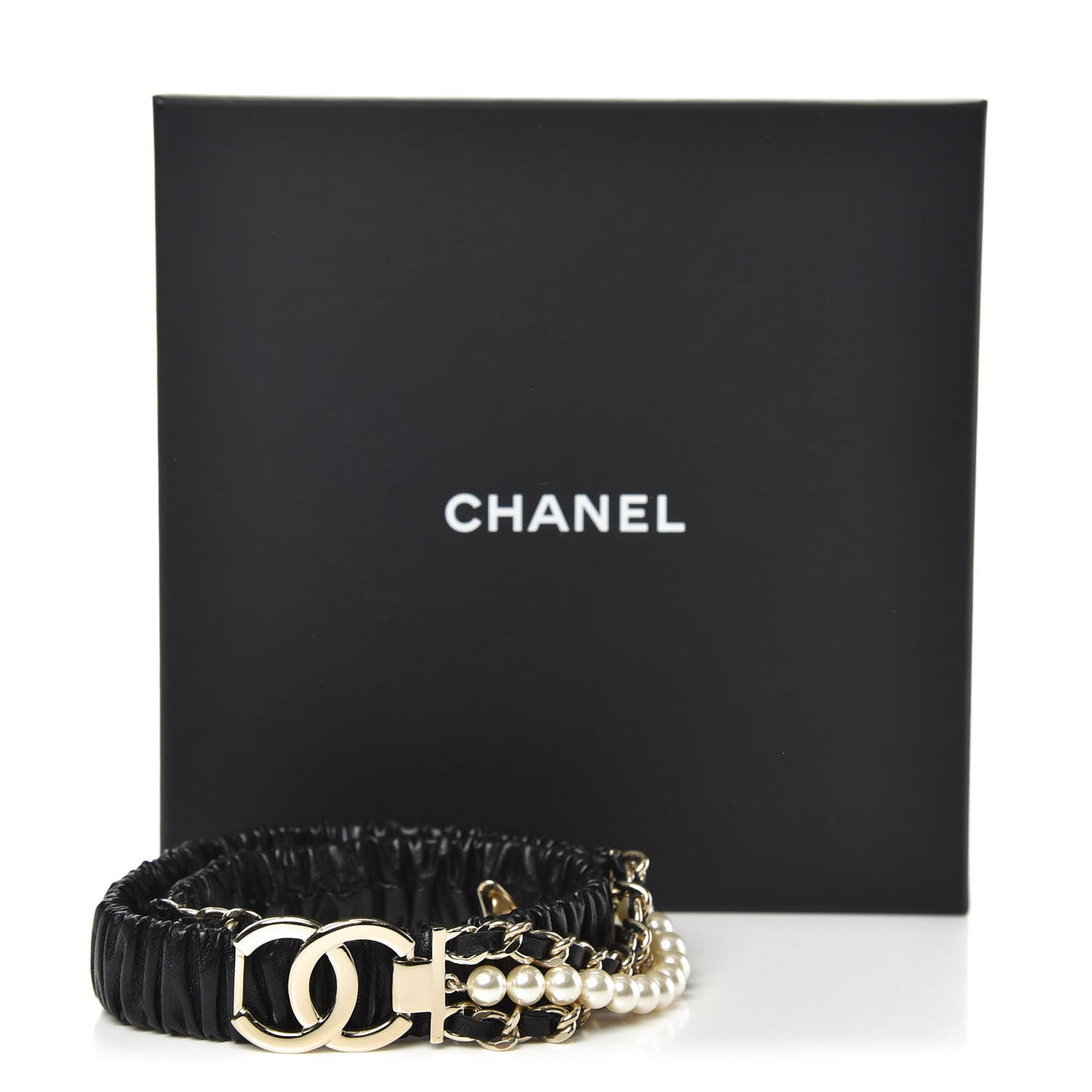 Lambskin CC Pearl Chain Belt Black