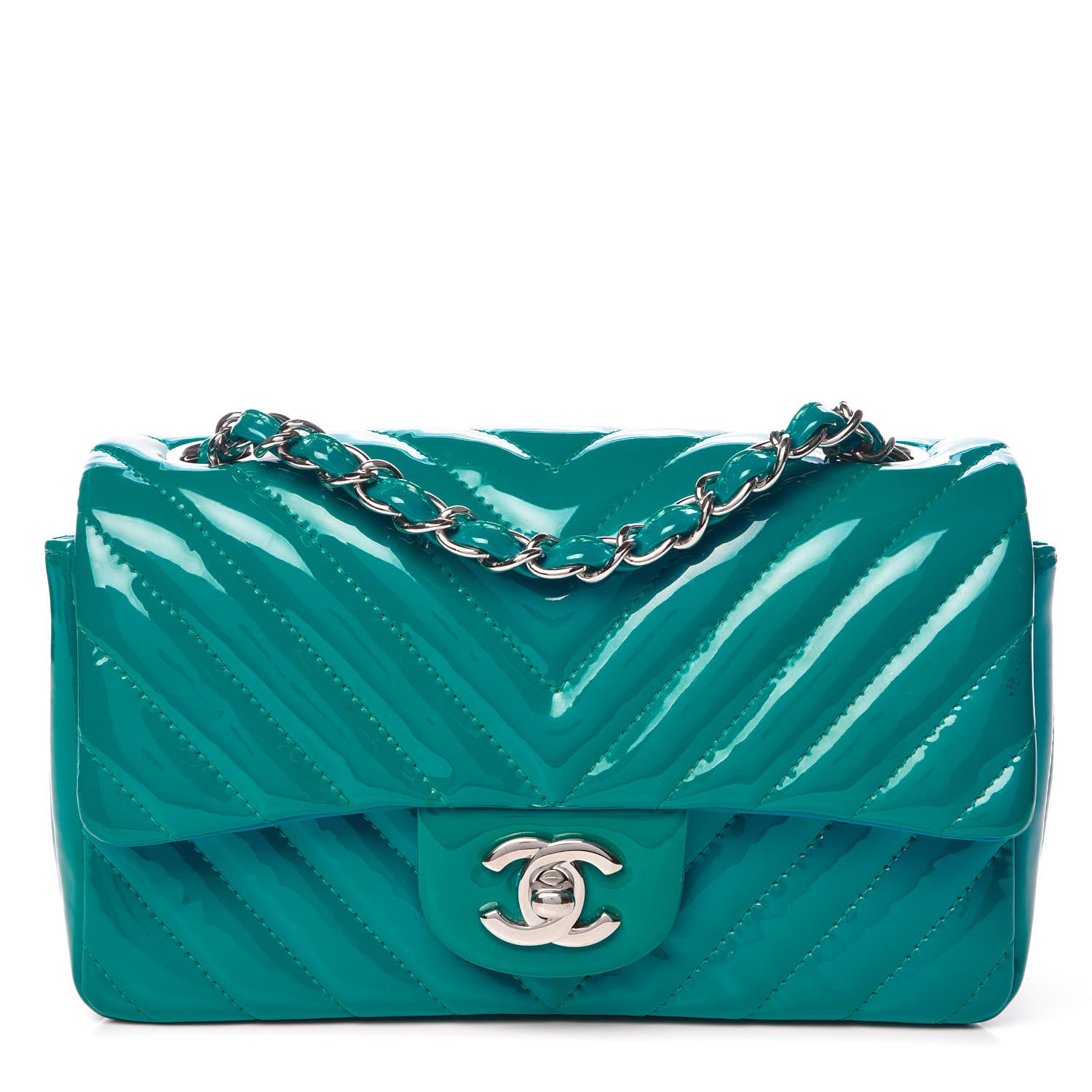 Chanel Patent Calfskin Chevron Quilted Mini Rectangular Flap Blue 1 of 14