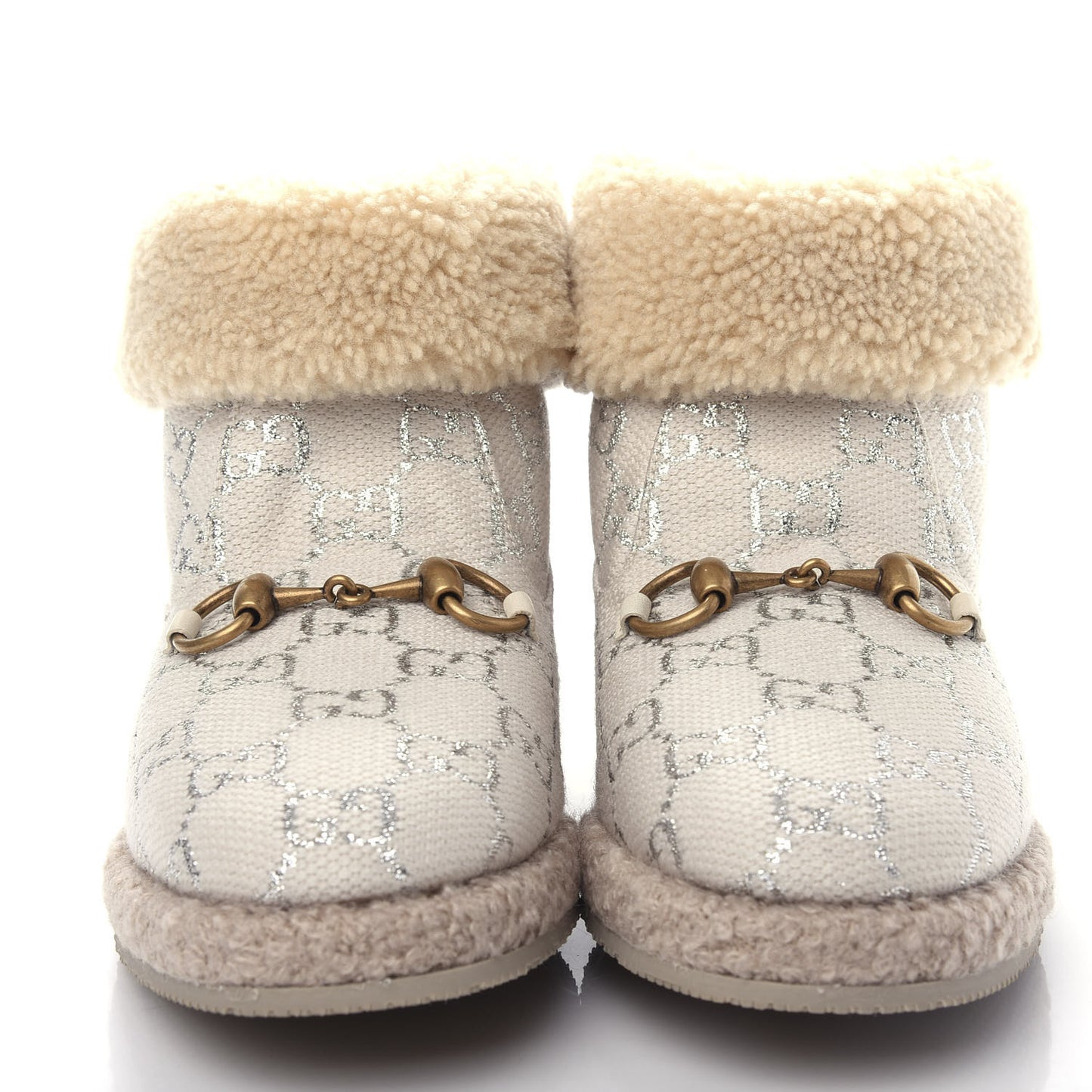 Canvas Wool Lame GG Monogram Womens Fria Horsebit Ankle Boots 36 Gardenia Silver Butterscotch