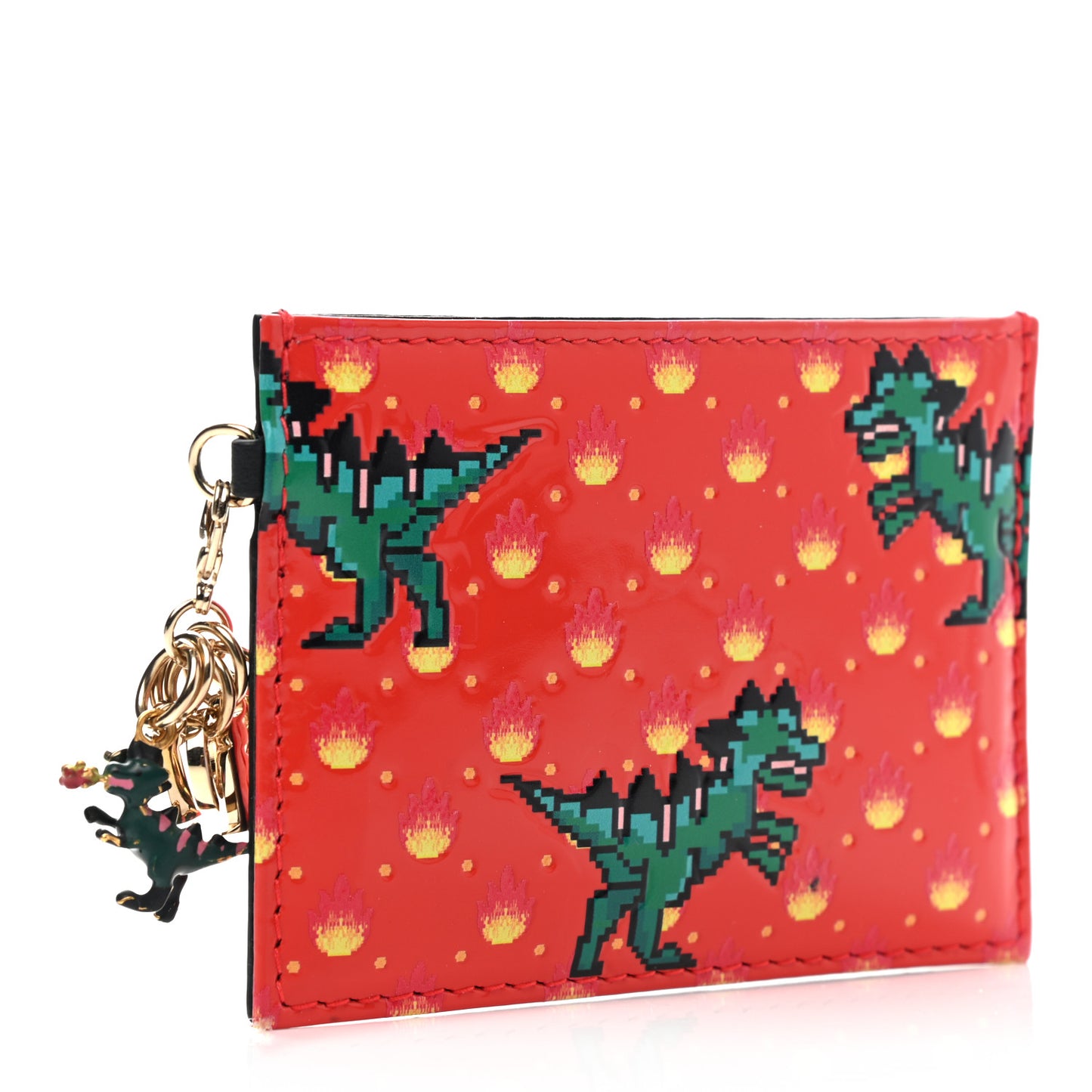 Calfskin Dino Print Card Holder Orange Multicolor