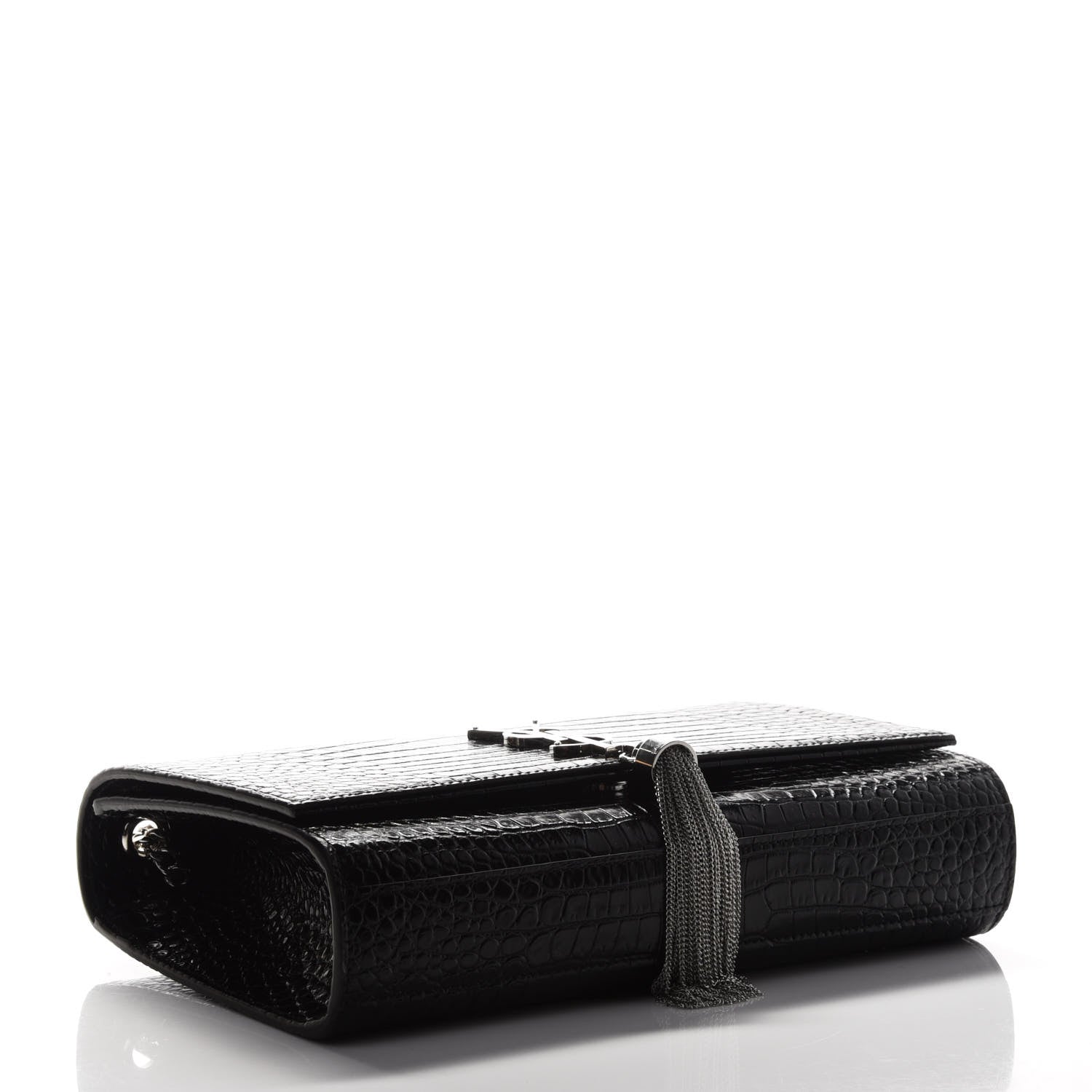 Saint Laurent Calfskin Crocodile Embossed Medium Classic Monogram Kate Tassel Satchel Black 3 of 4