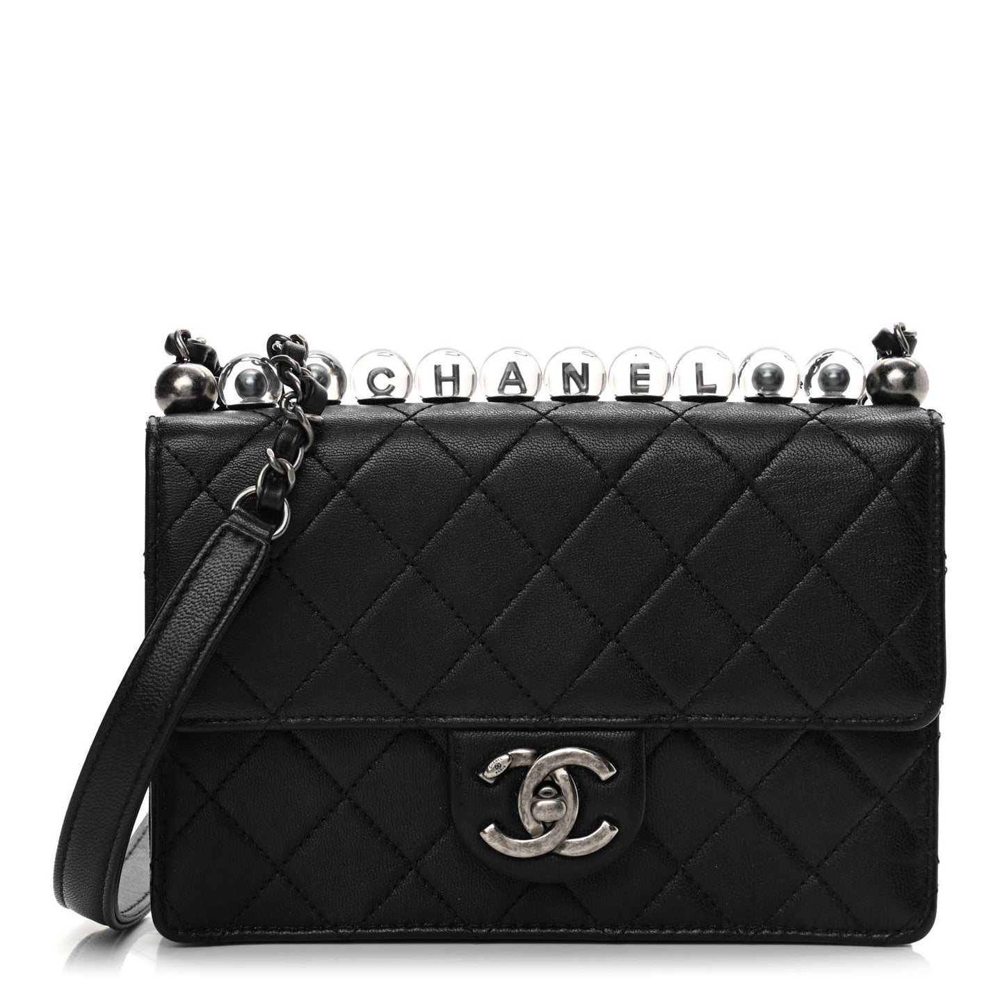 Goatskin Quilted Logo Small Chic Flap Black
