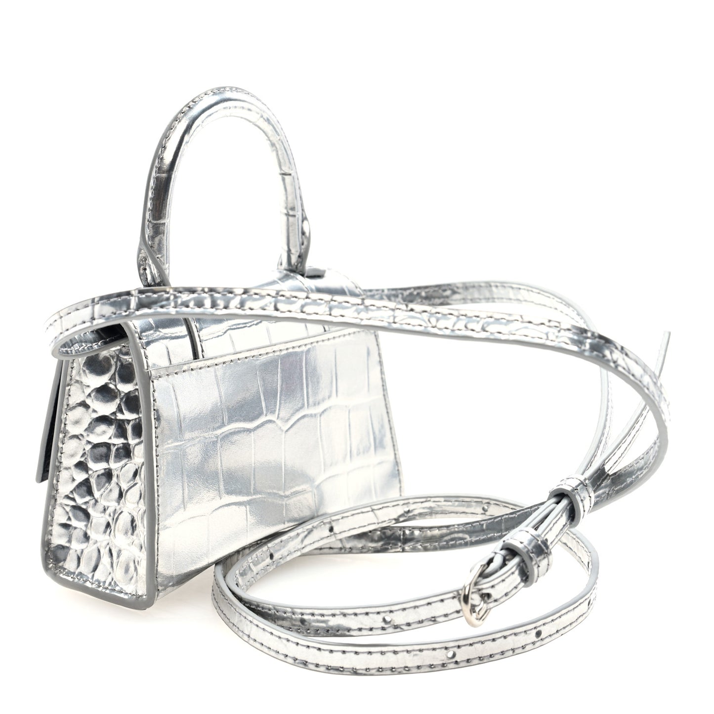 Metallic Calfskin Crocodile Embossed Hourglass Top Handle Bag Mini Silver