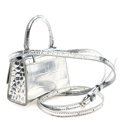 Balenciaga Metallic Calfskin Crocodile Embossed Hourglass Top Handle Bag Mini Silver 3 of 9