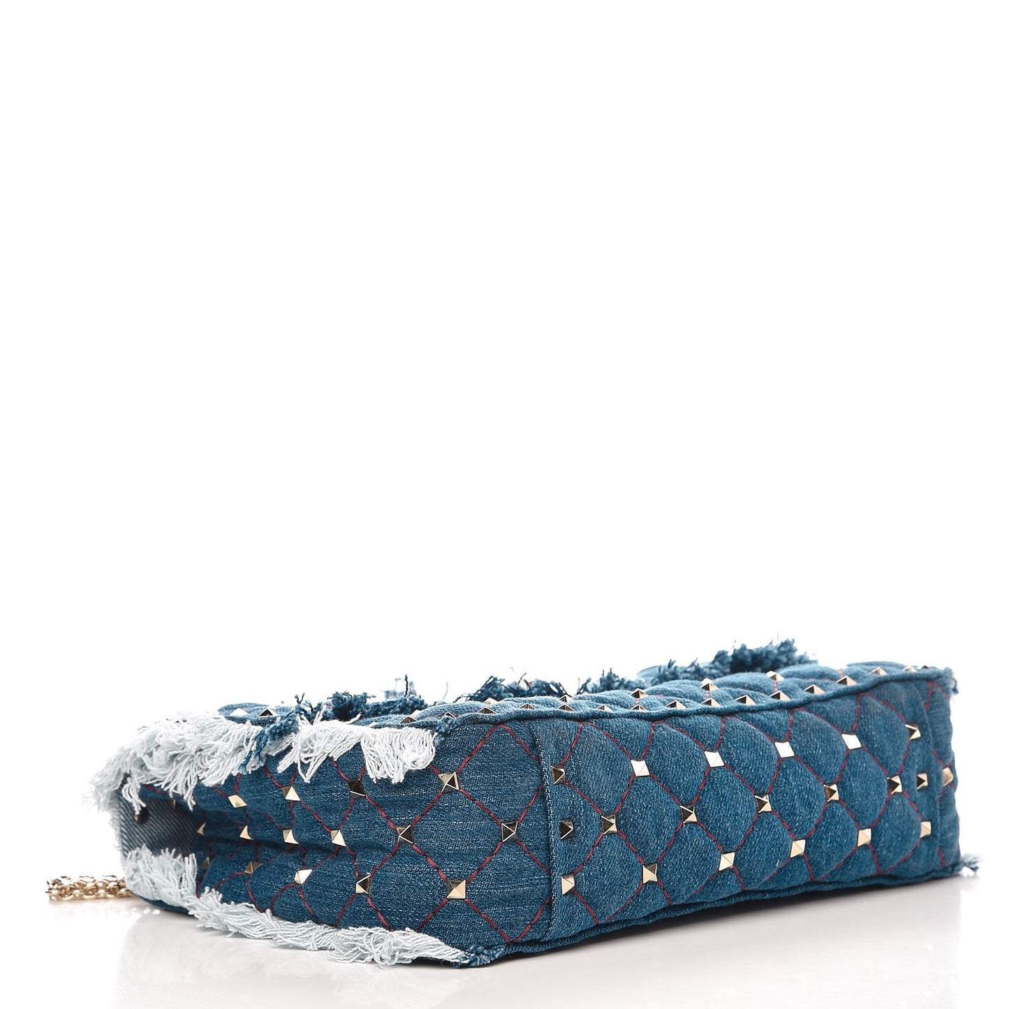 Denim Fringe Medium Rockstud Spike Shoulder Bag Blue