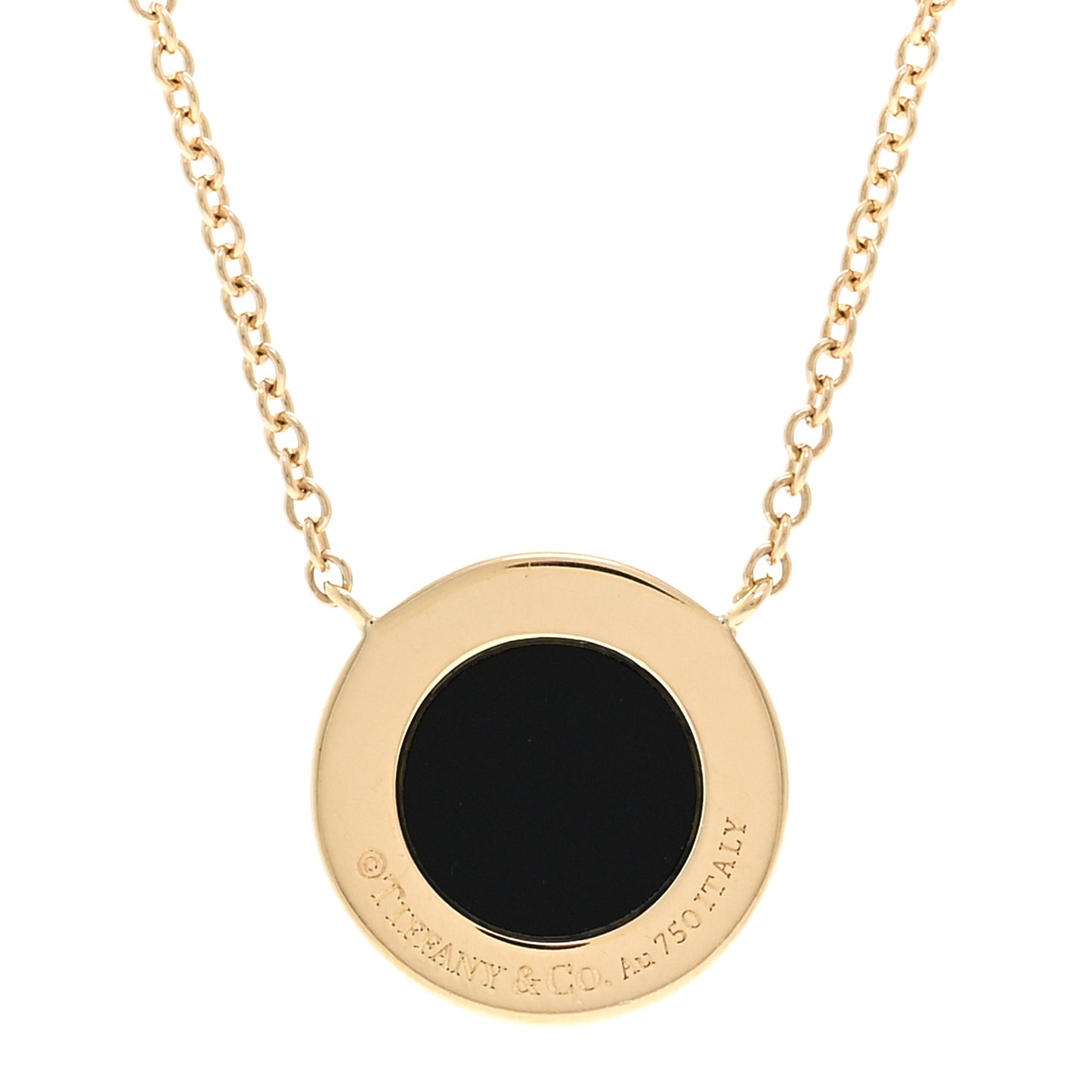 18K Yellow Gold Diamond Black Onyx Small T Circle Pendant Necklace