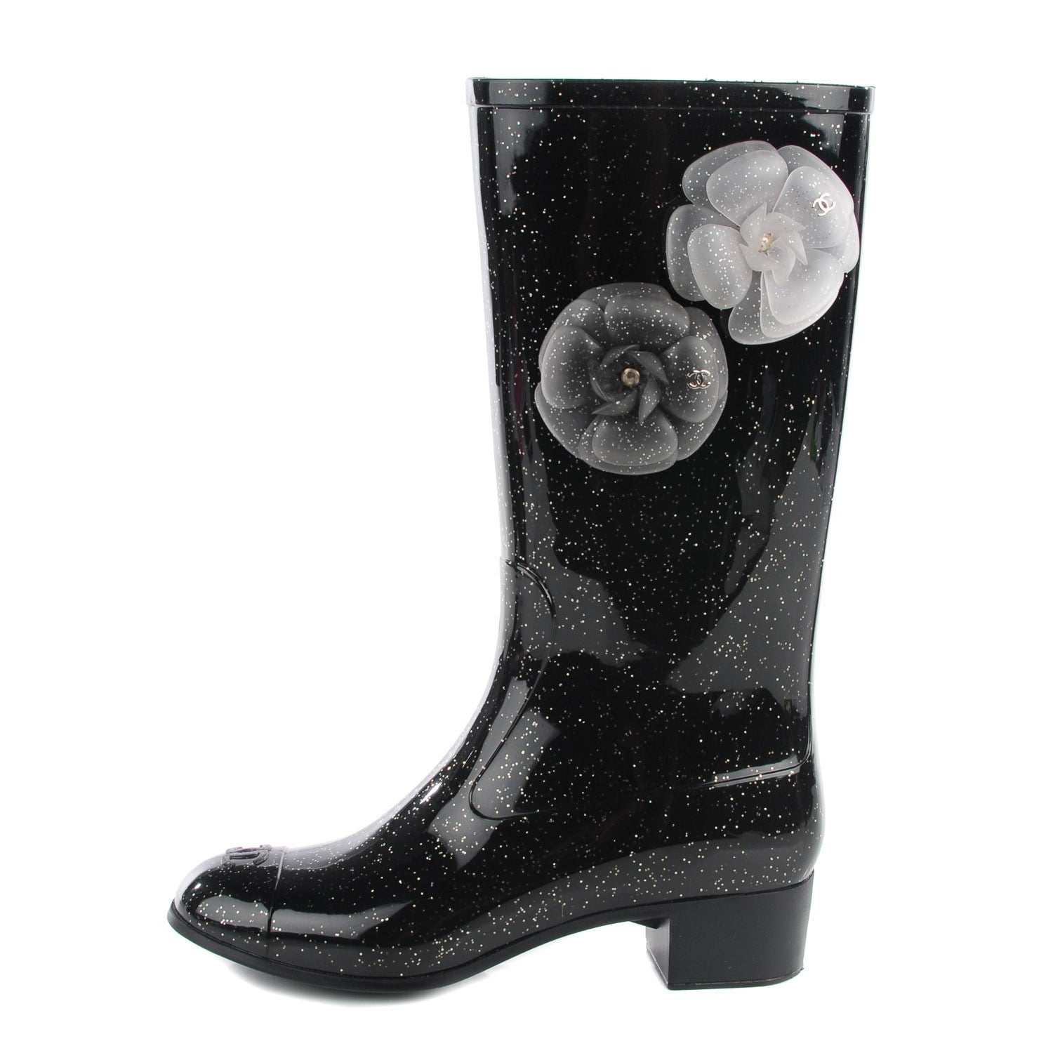 Chanel Rubber Glitter Camellia Rain Boots 36 Black 1 of 7