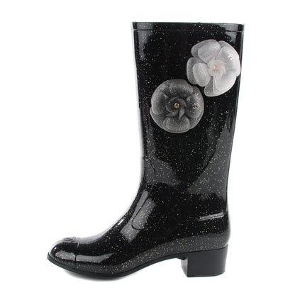 Chanel Rubber Glitter Camellia Rain Boots 36 Black 1 of 7