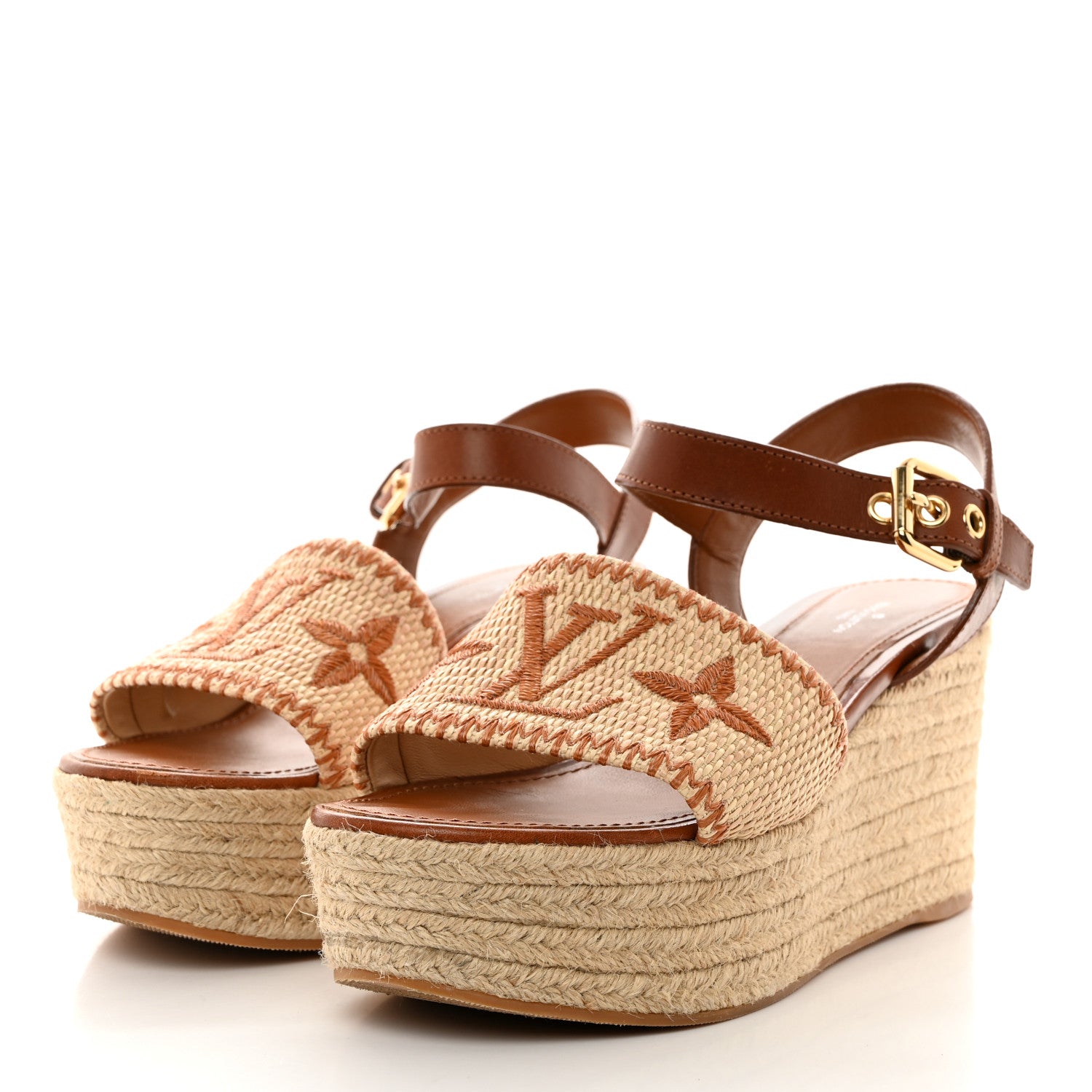 Louis Vuitton Cotton Monogram Embroidered Starboard Wedge Espadrilles 40 Beige Tan 3 of 9