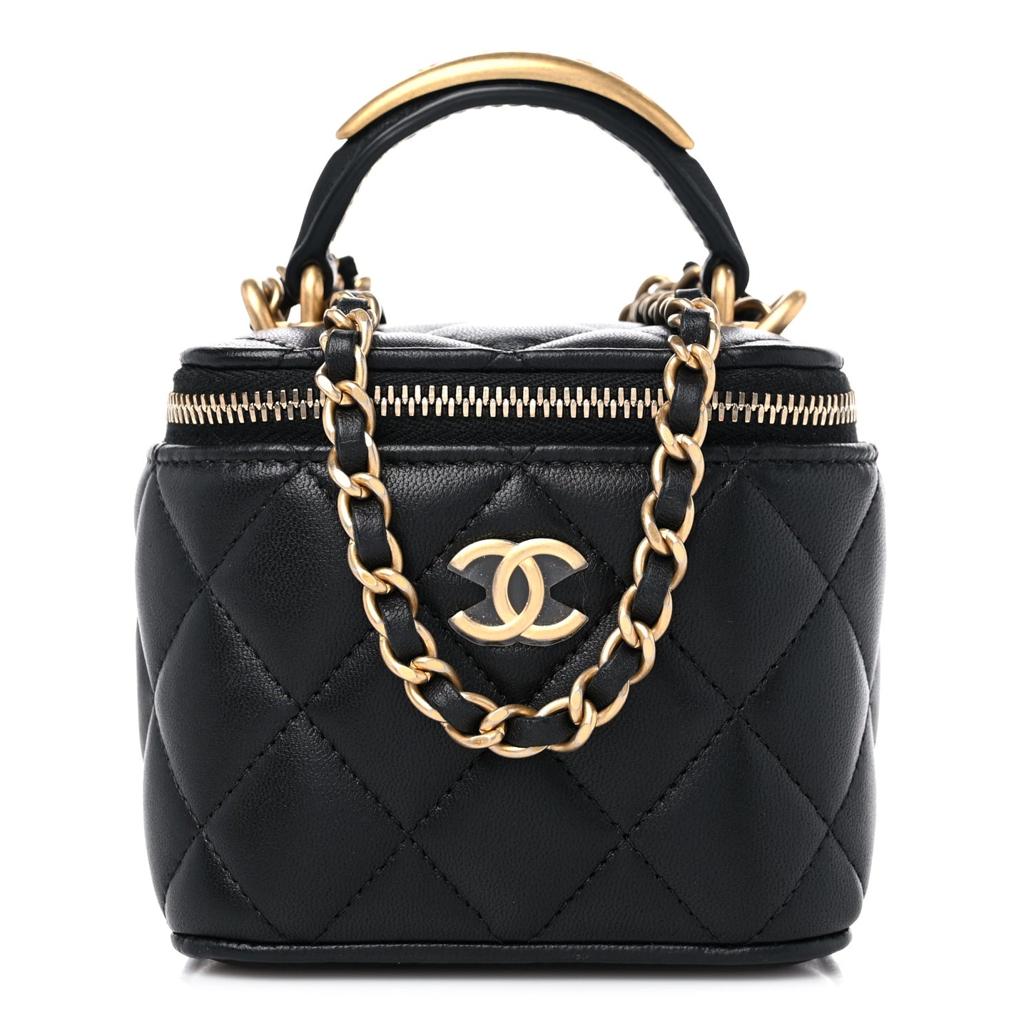 Lambskin Quilted Metal Mini Top Handle Vanity Case With Chain Black