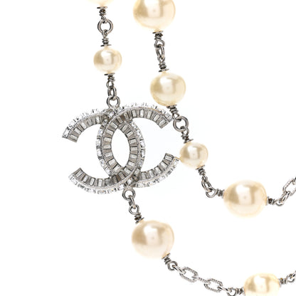 Chanel Pearl Baguette Crystal CC Long Necklace Silver 3 of 5