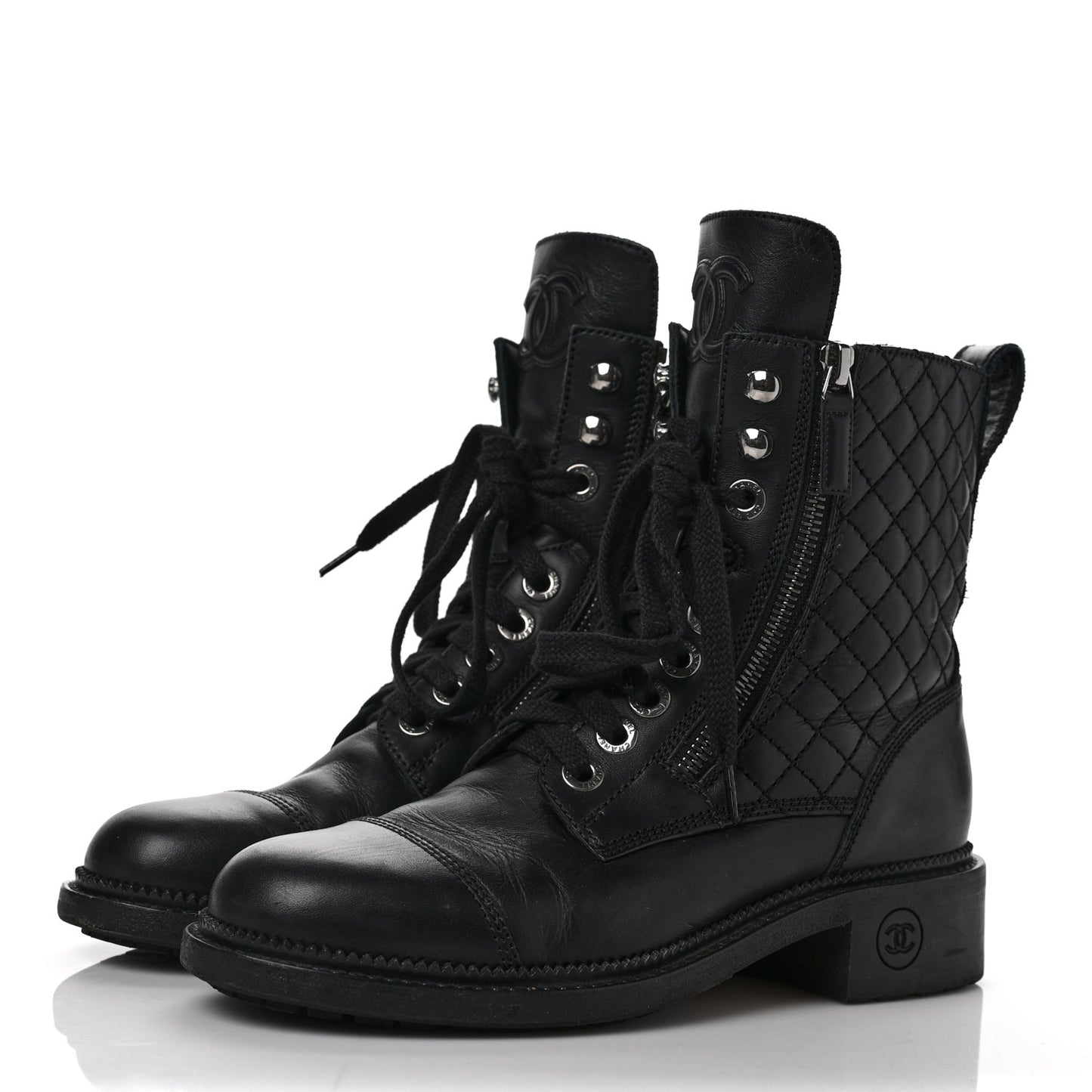 Calfskin Quilted Lace Up Combat Boots 37 Black