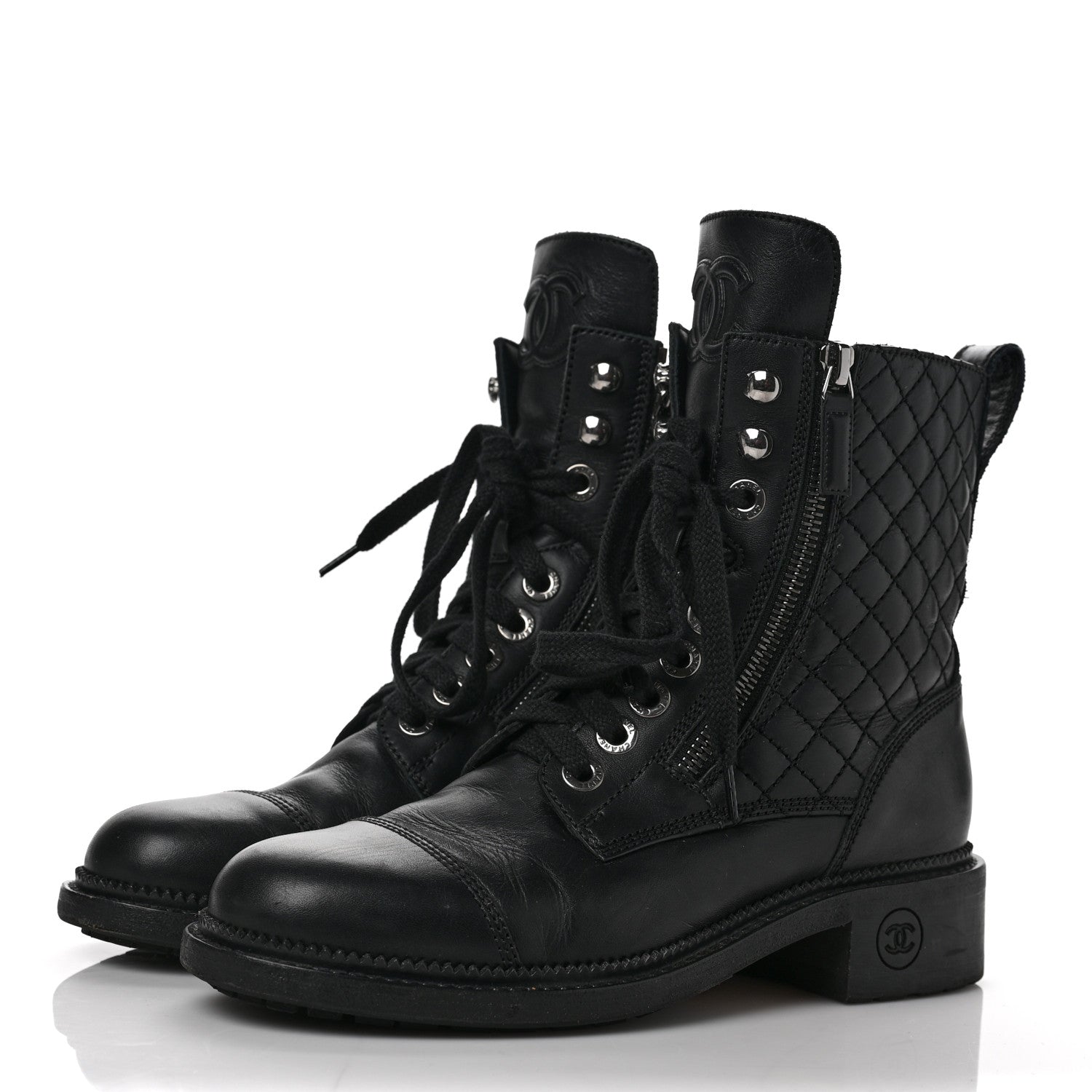 Chanel Calfskin Quilted Lace Up Combat Boots 37 Black 3 of 13