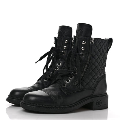 Chanel Calfskin Quilted Lace Up Combat Boots 37 Black 3 of 13