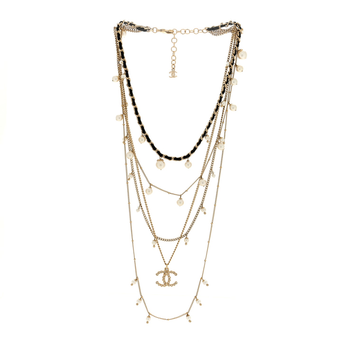 Pearl Crystal Lambskin CC Short Multi Strand Necklace Gold Black
