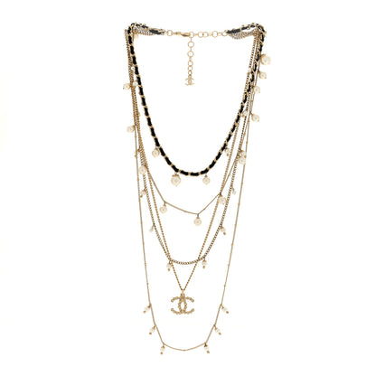 Chanel Pearl Crystal Lambskin CC Short Multi Strand Necklace Gold Black 2 of 5