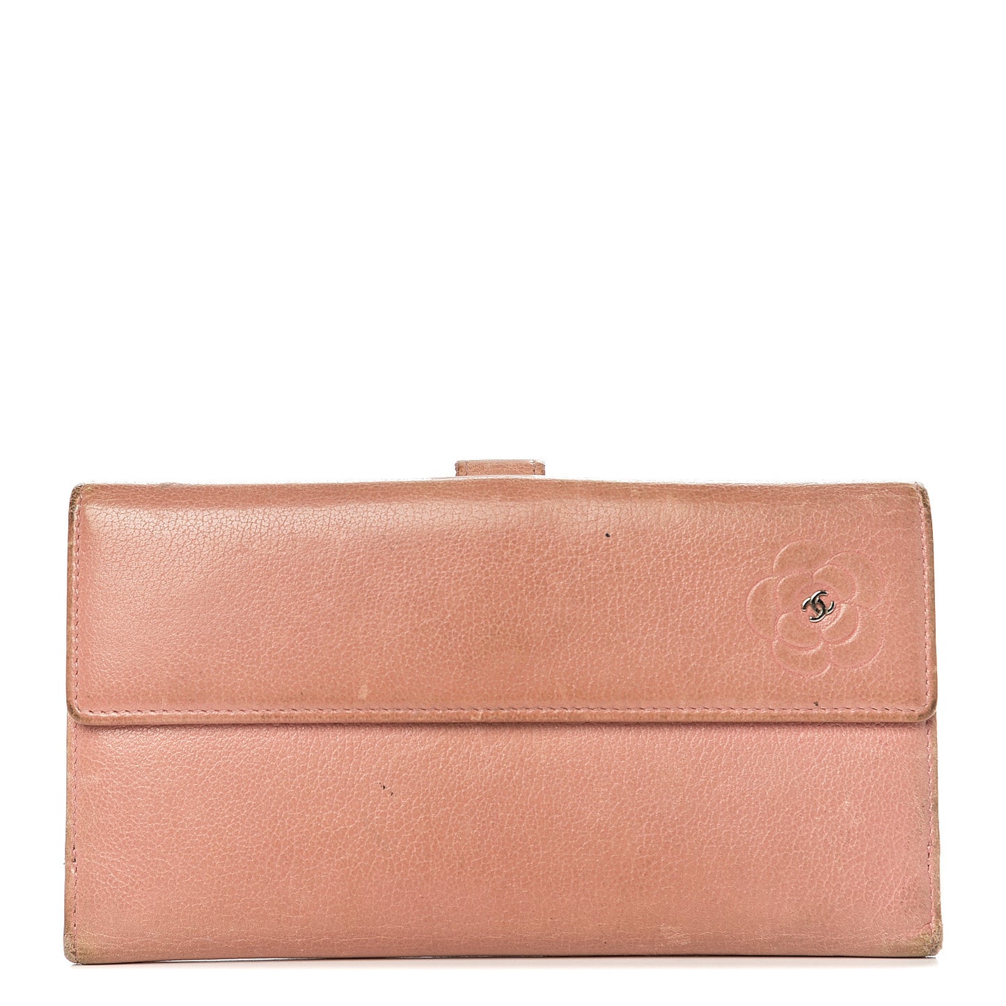 Goatskin Camellia Embossed Flap Wallet Pink
