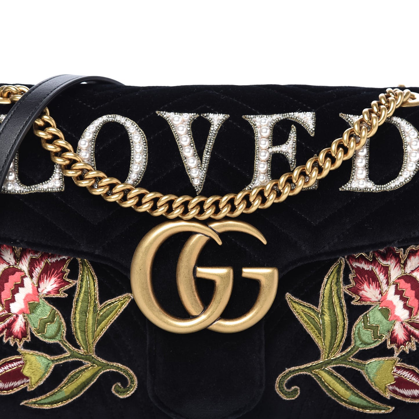 Velvet Matelasse Loved Embroidered Medium GG Marmont Shoulder Bag Black