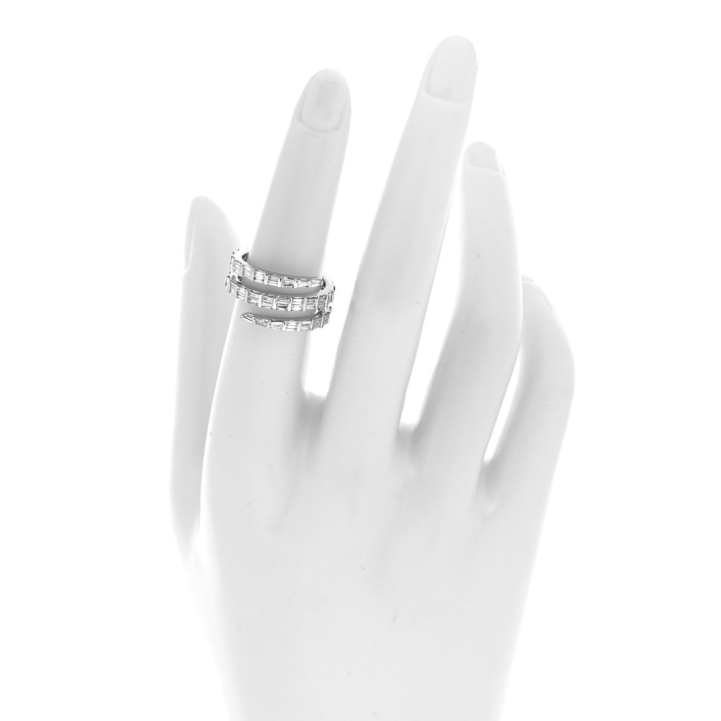 18K White Gold Diamond Three Row Baguette Coil Ring 53 6.25