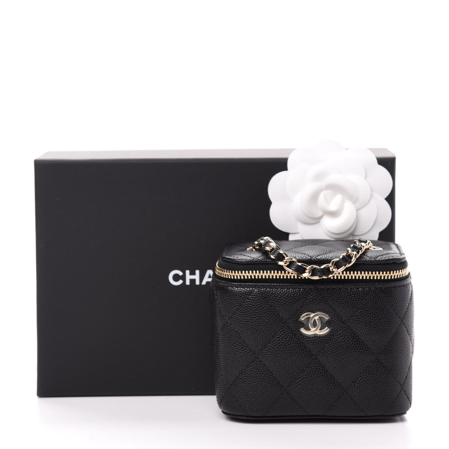 Caviar Quilted Mini Vanity Case With Chain Black