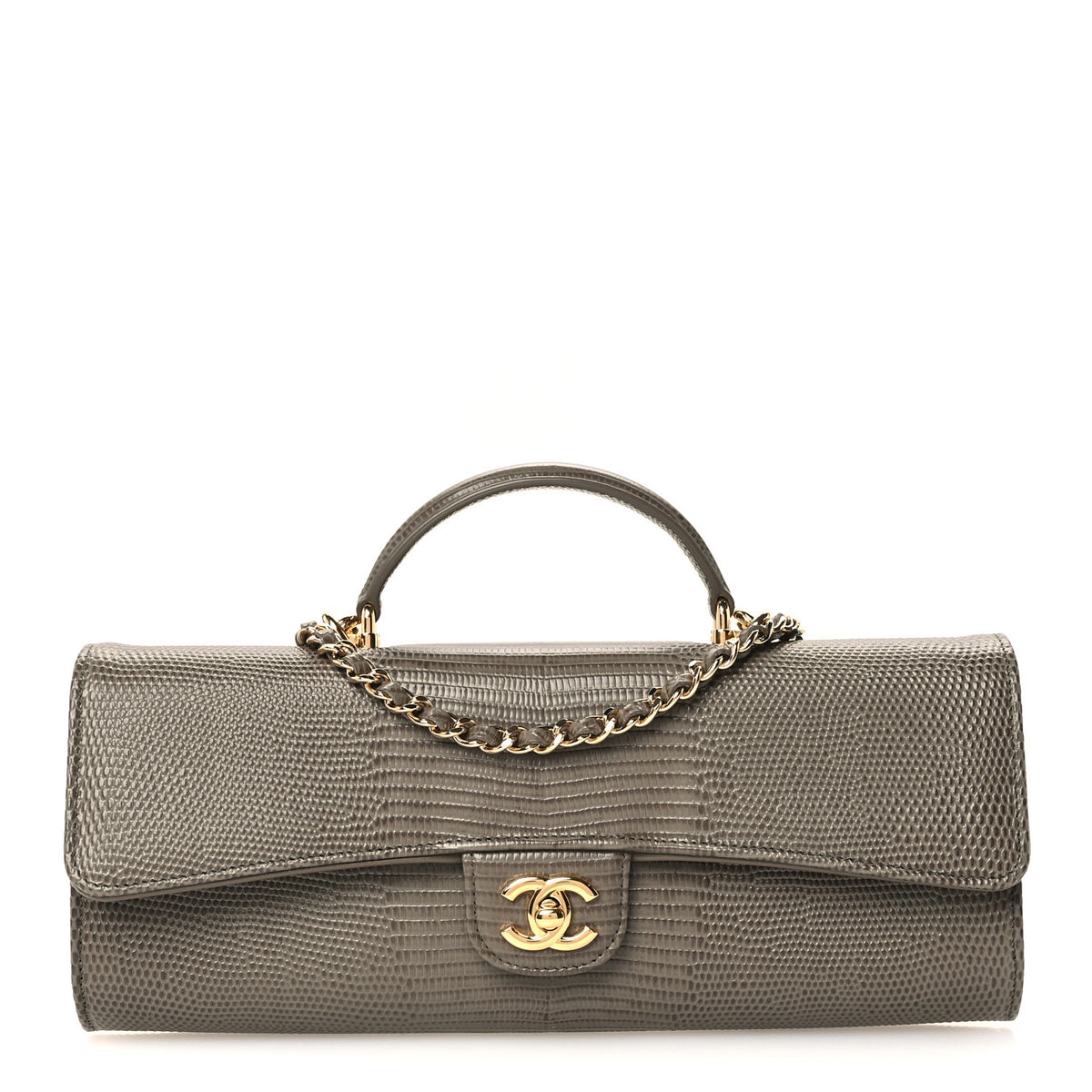 Calfskin Lizard Embossed Top Handle Long Clutch With Chain Dark Khaki
