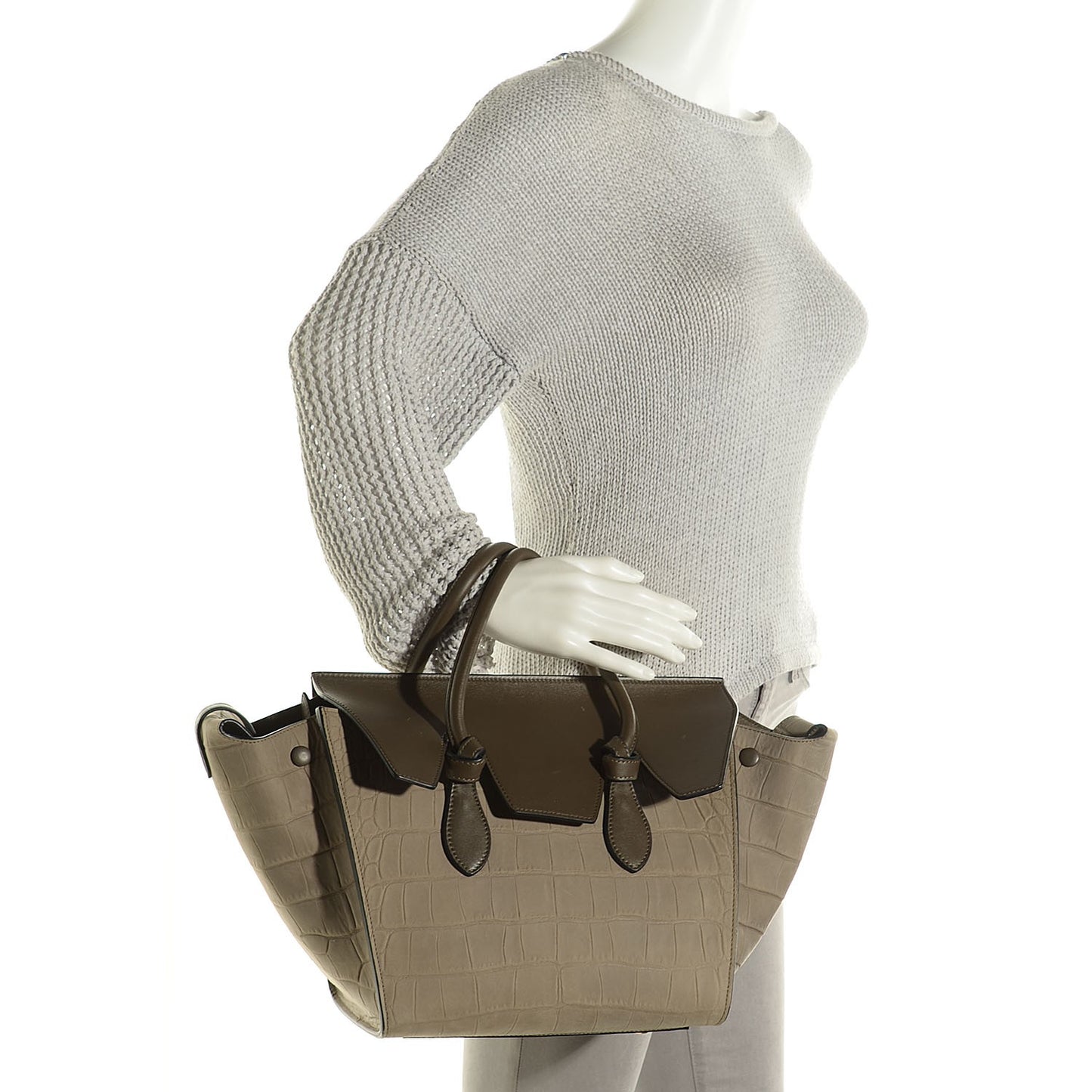 Crocodile Embossed Nubuck Small Tie Knot Tote Dark Grey