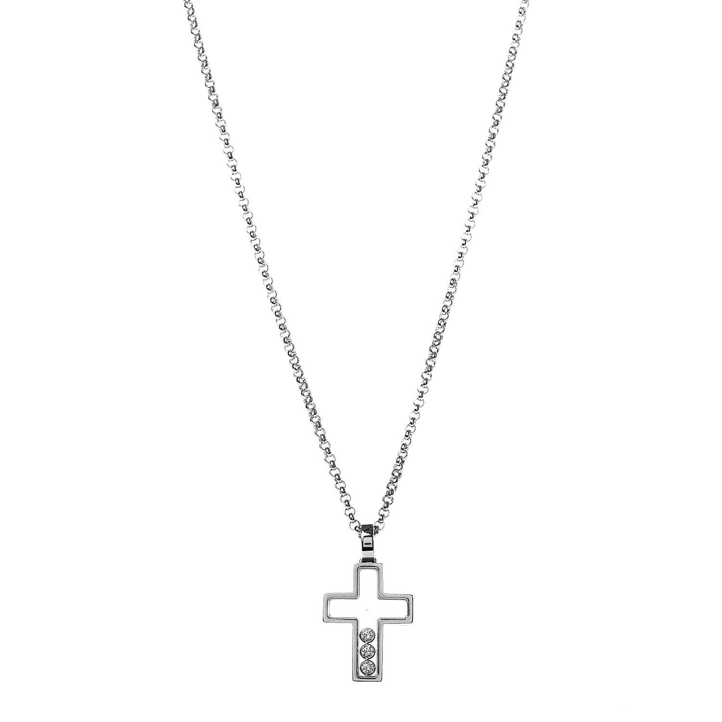 18K White Gold 3 Happy Diamonds Cross Pendant Necklace