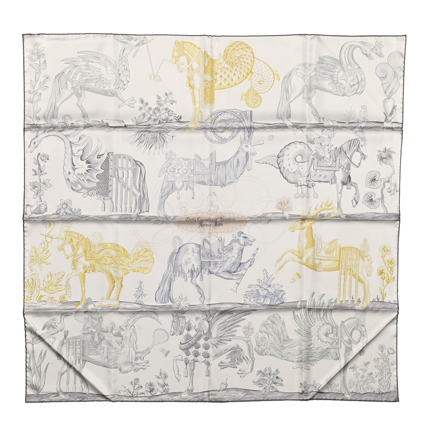 Silk Della Cavalleria Favolosa Double Face Scarf 90 Gris Argent Jaune