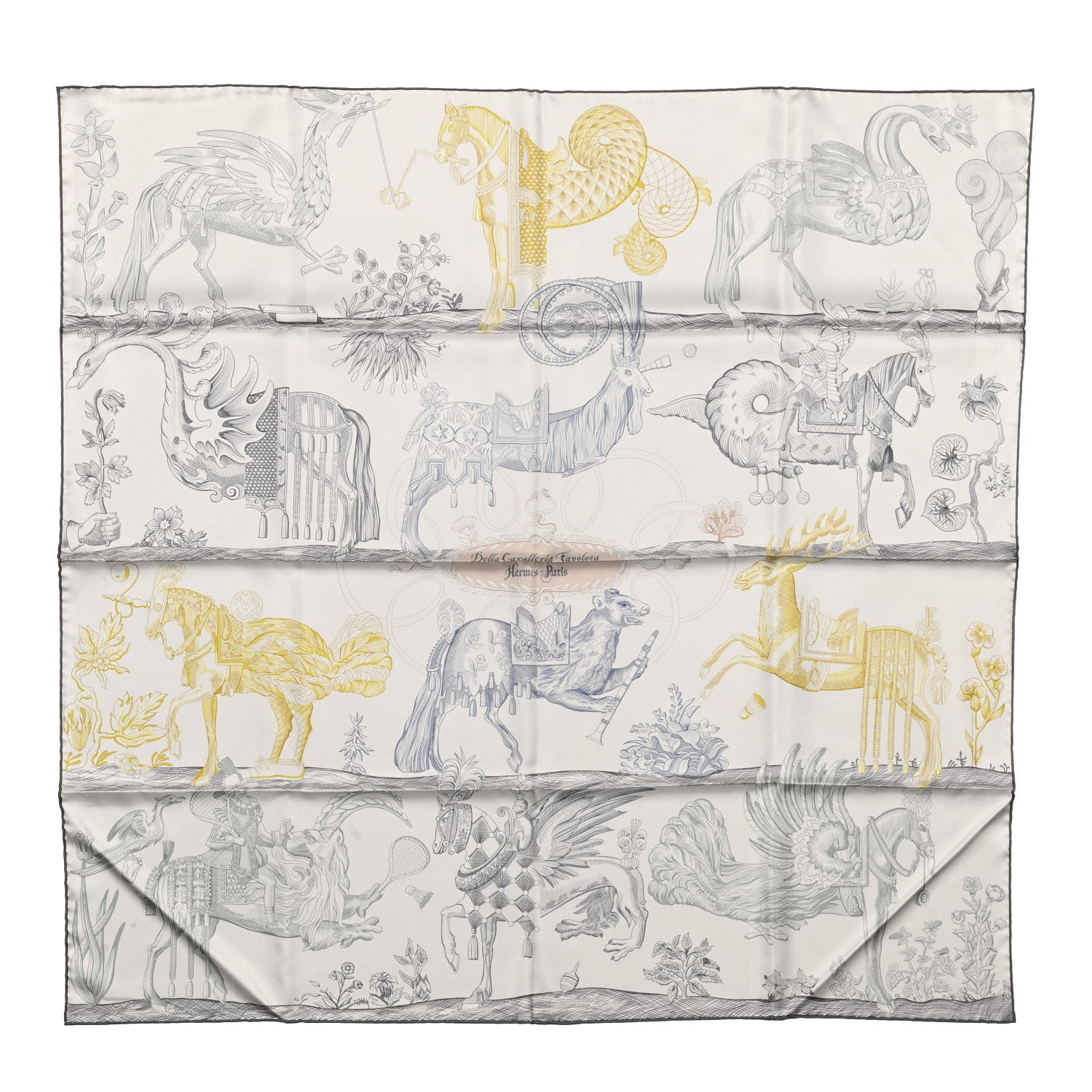 Hermes Silk Della Cavalleria Favolosa Double Face Scarf 90 Gris Argent Jaune 1 of 8