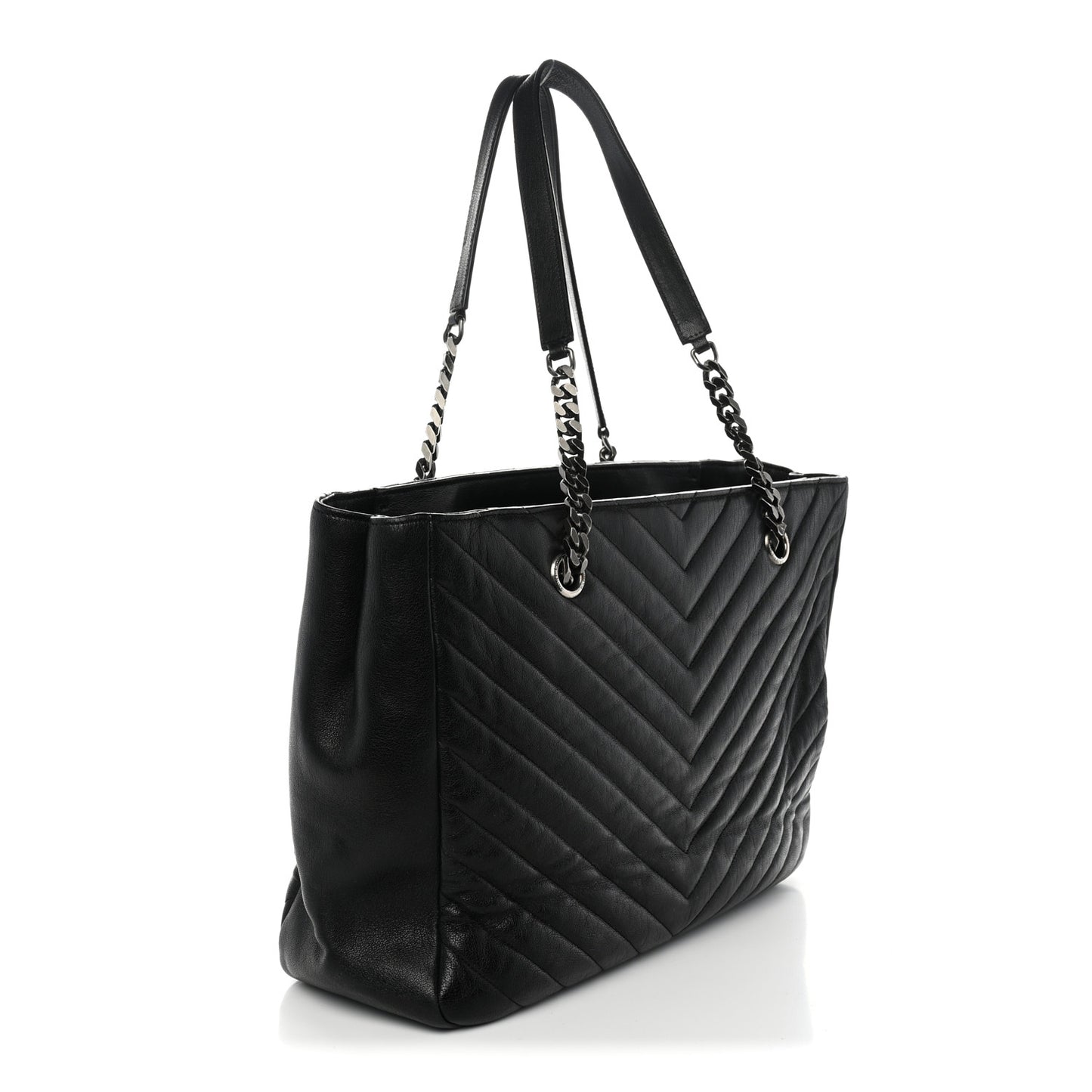 Sheepskin Matelasse Chevron Large Monogram Shopping Bag Black