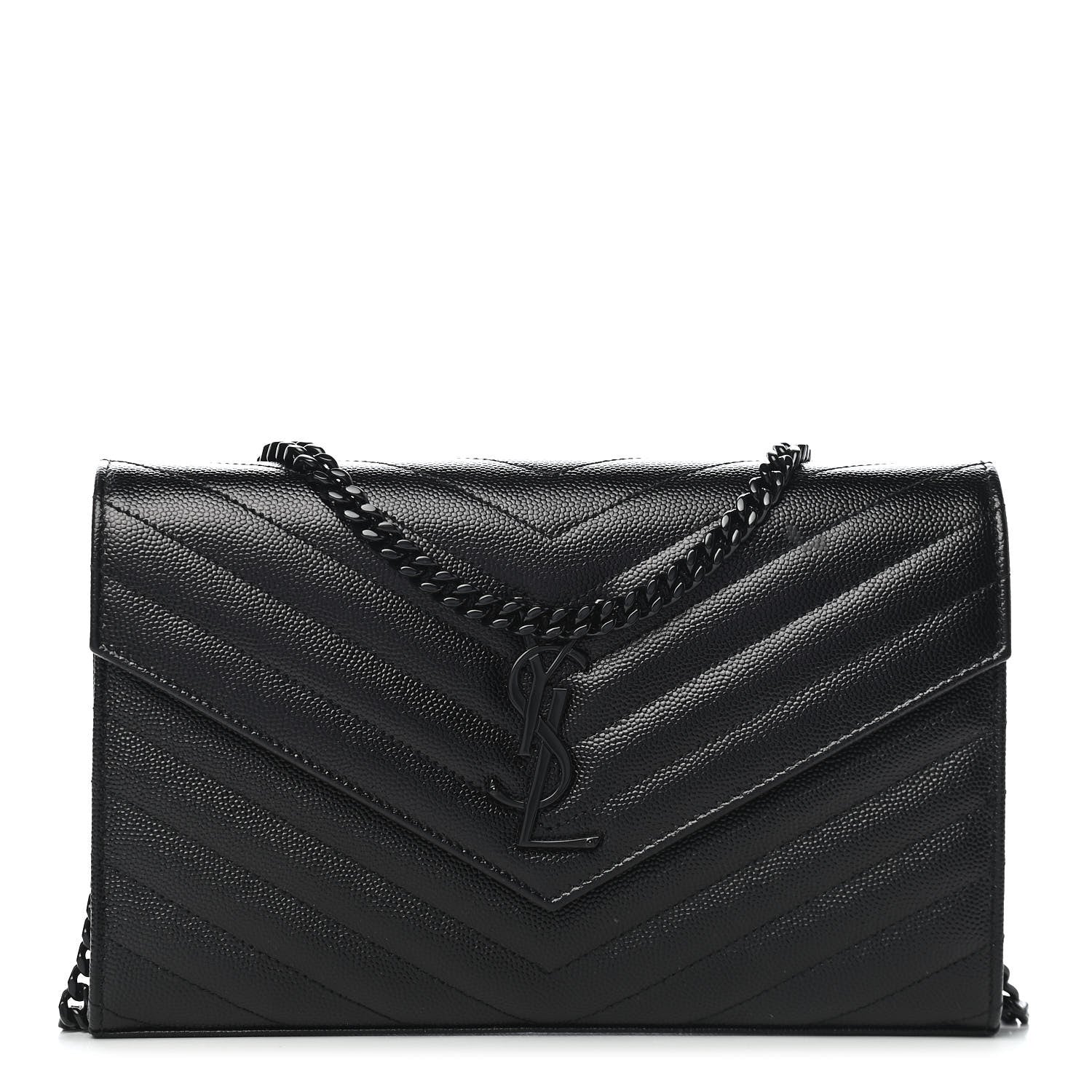 Saint Laurent Grain De Poudre Matelasse Chevron Monogram Chain Wallet Black 1 of 8