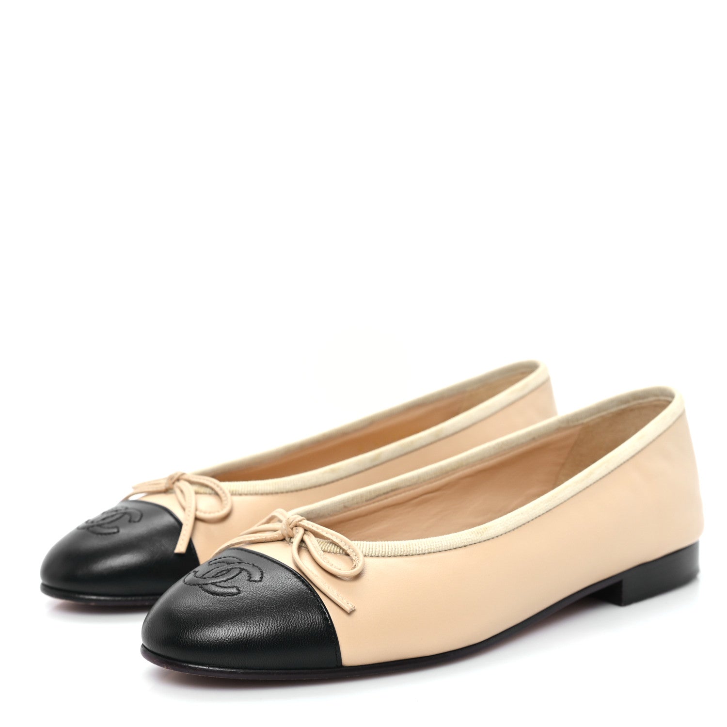 Chanel Lambskin Cap Toe CC Ballerina Flats 36.5 Beige Black 4 of 10