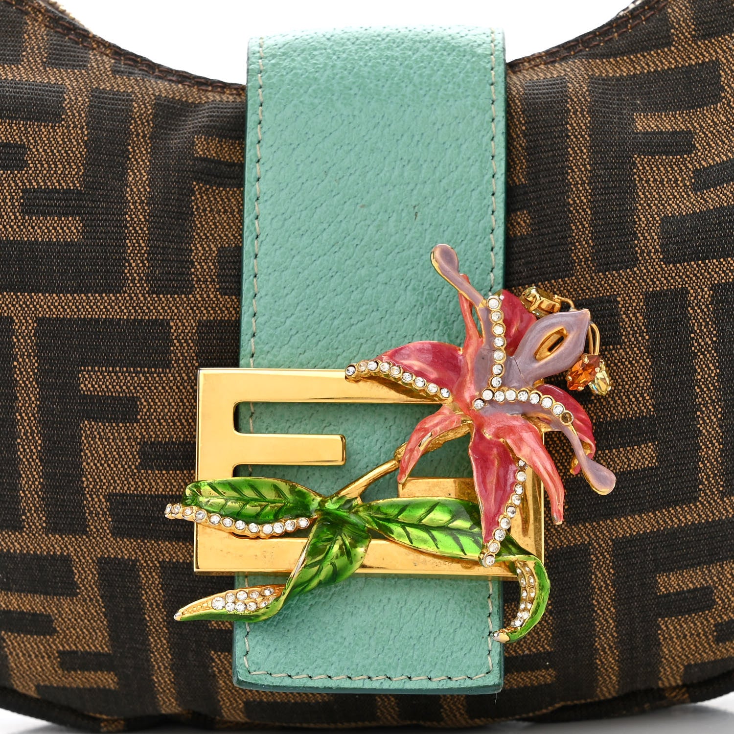 Fendi Zucca Crystal Flower Half Moon Baguette Tobacco Turquoise 9 of 12