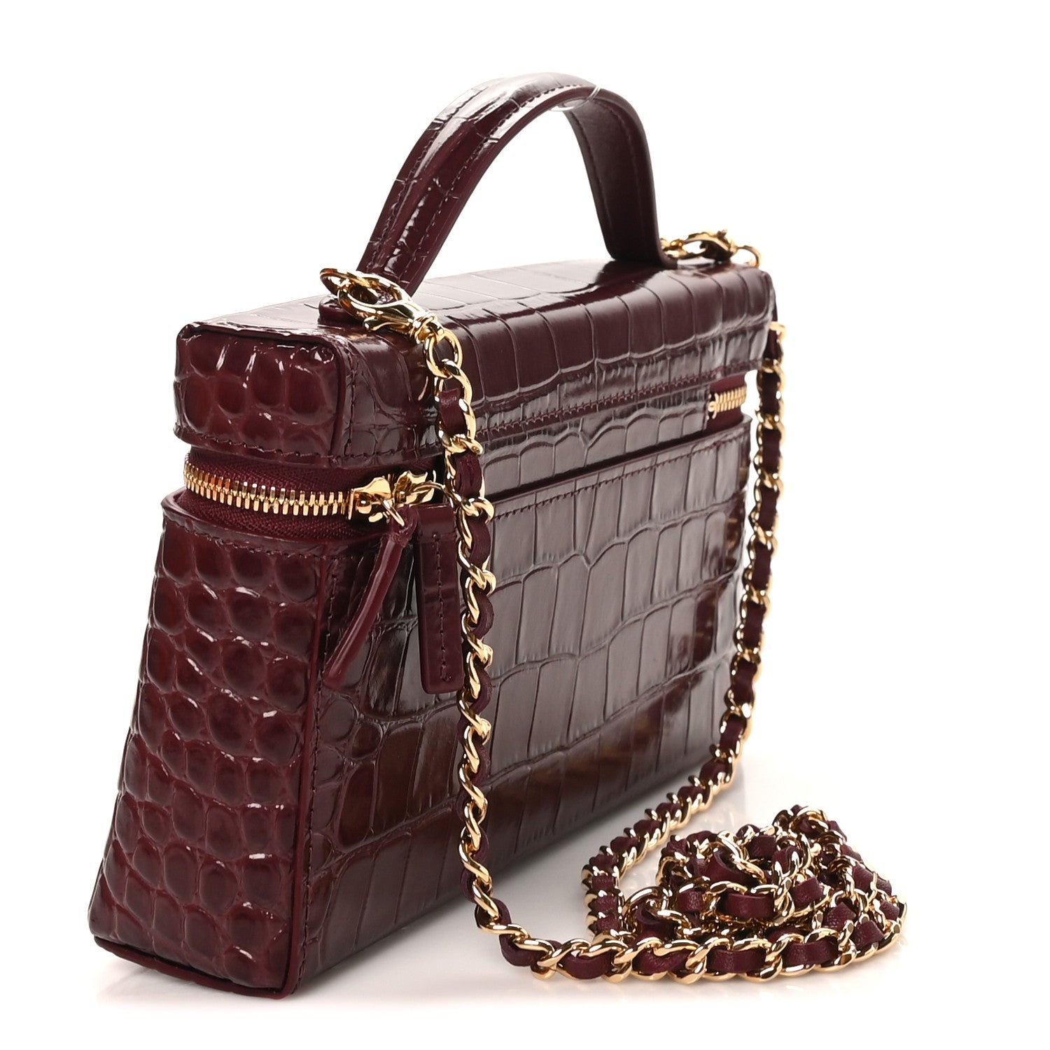 Chanel Calfskin Crocodile Embossed Crococo Top Handle Slim Vanity Case With Chain Dark Burgundy 3 of 11
