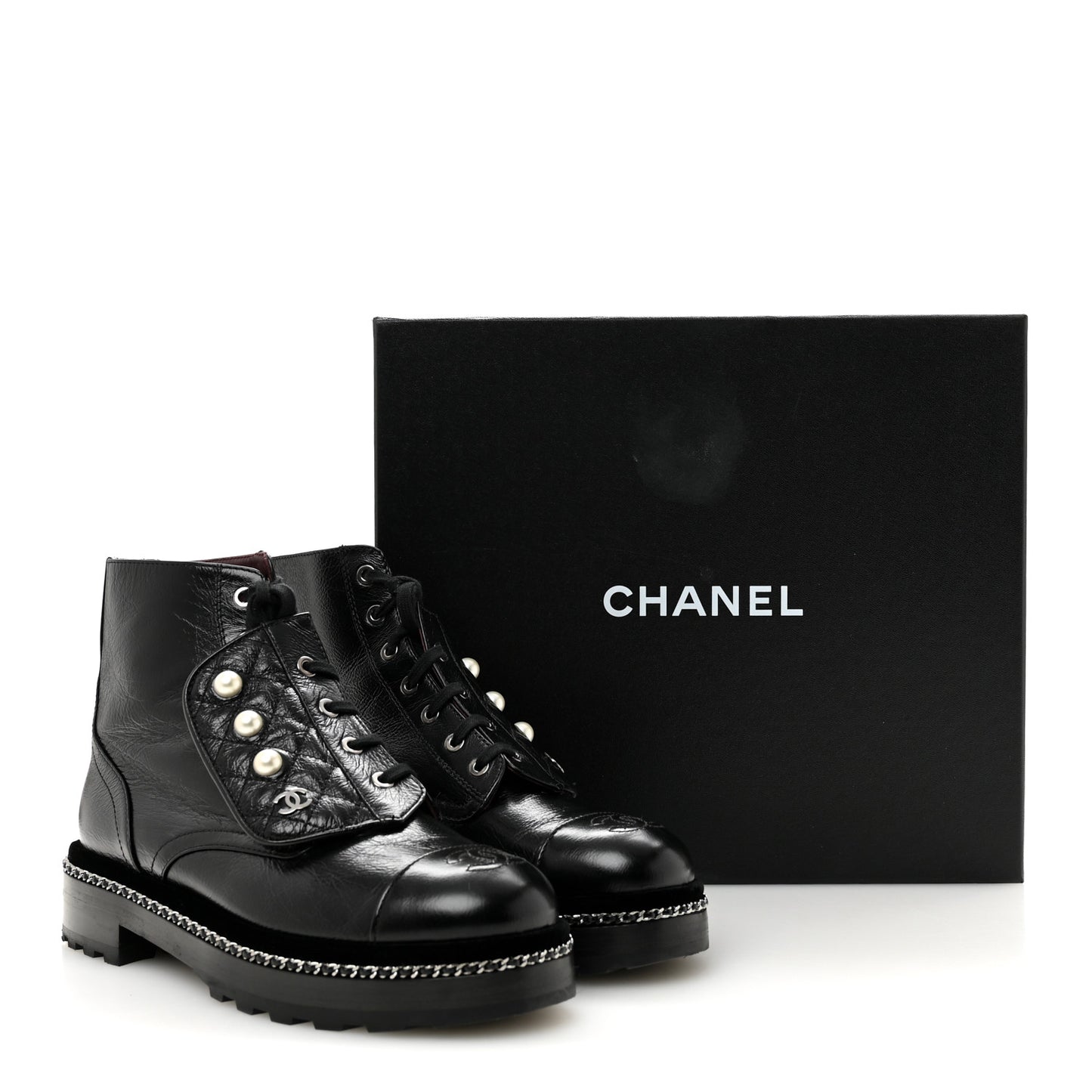 Crackled Calfskin Velvet Pearl Combat Short Boots 38.5 Black