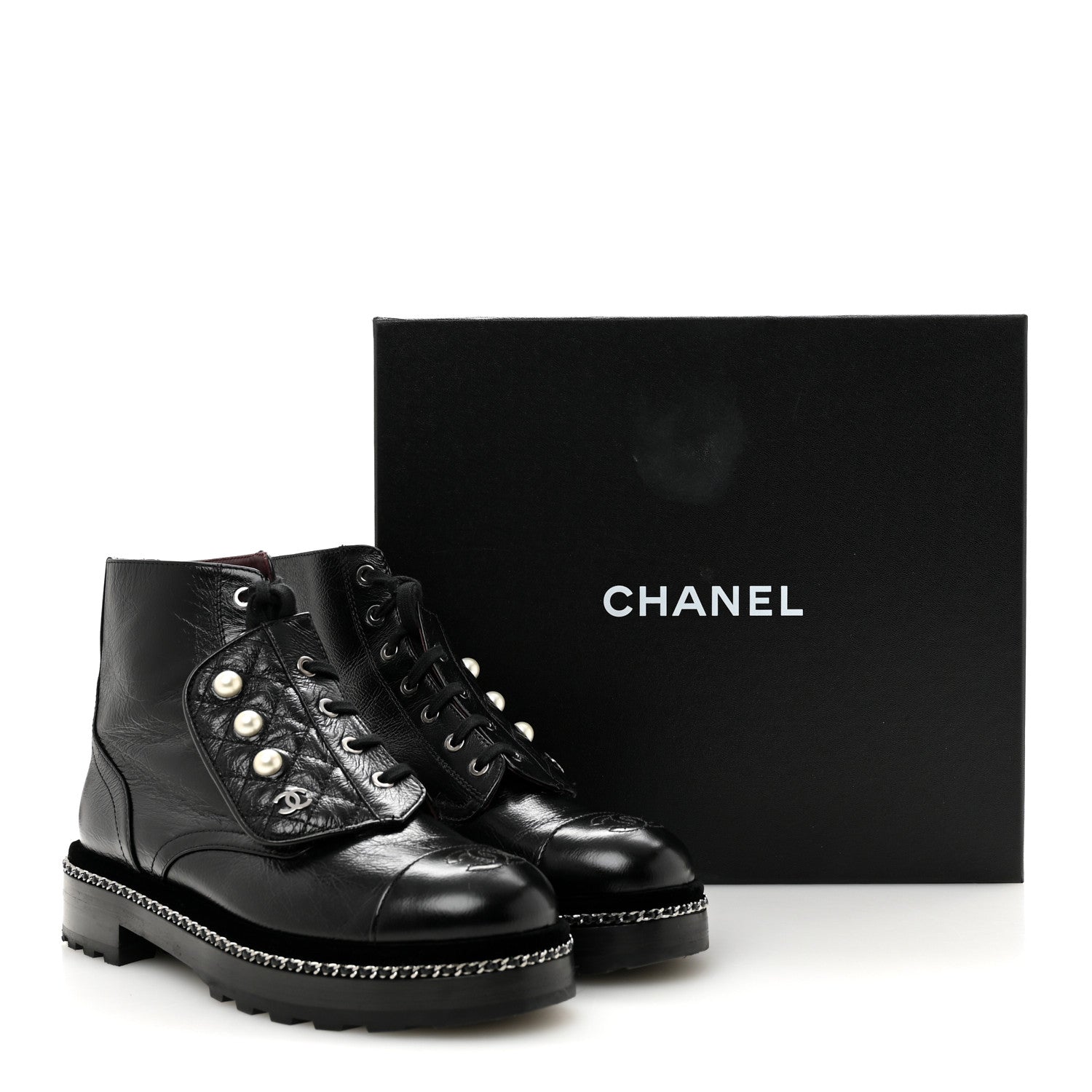 Chanel Crackled Calfskin Velvet Pearl Combat Short Boots 38.5 Black 10 of 10