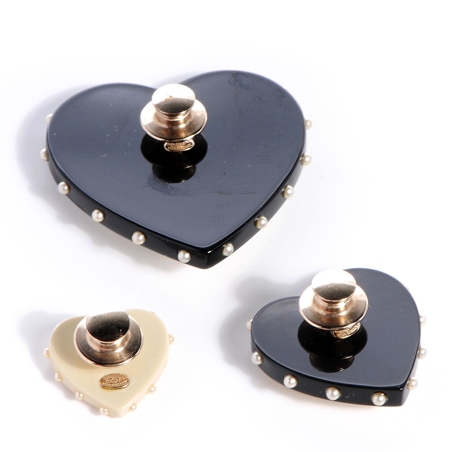 Chanel Resin Heart CC Pearl Brooch Set Black White Cream 3 of 5