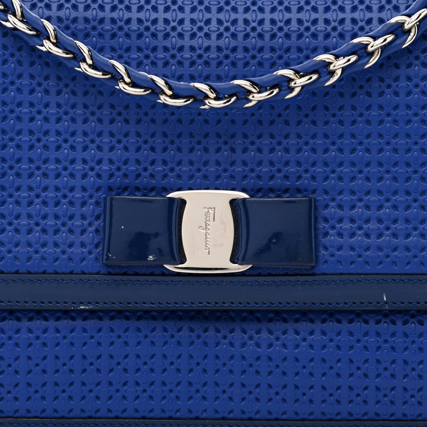 Perforated Calfskin Patent Ginny Bow Crossbody Bag Blue
