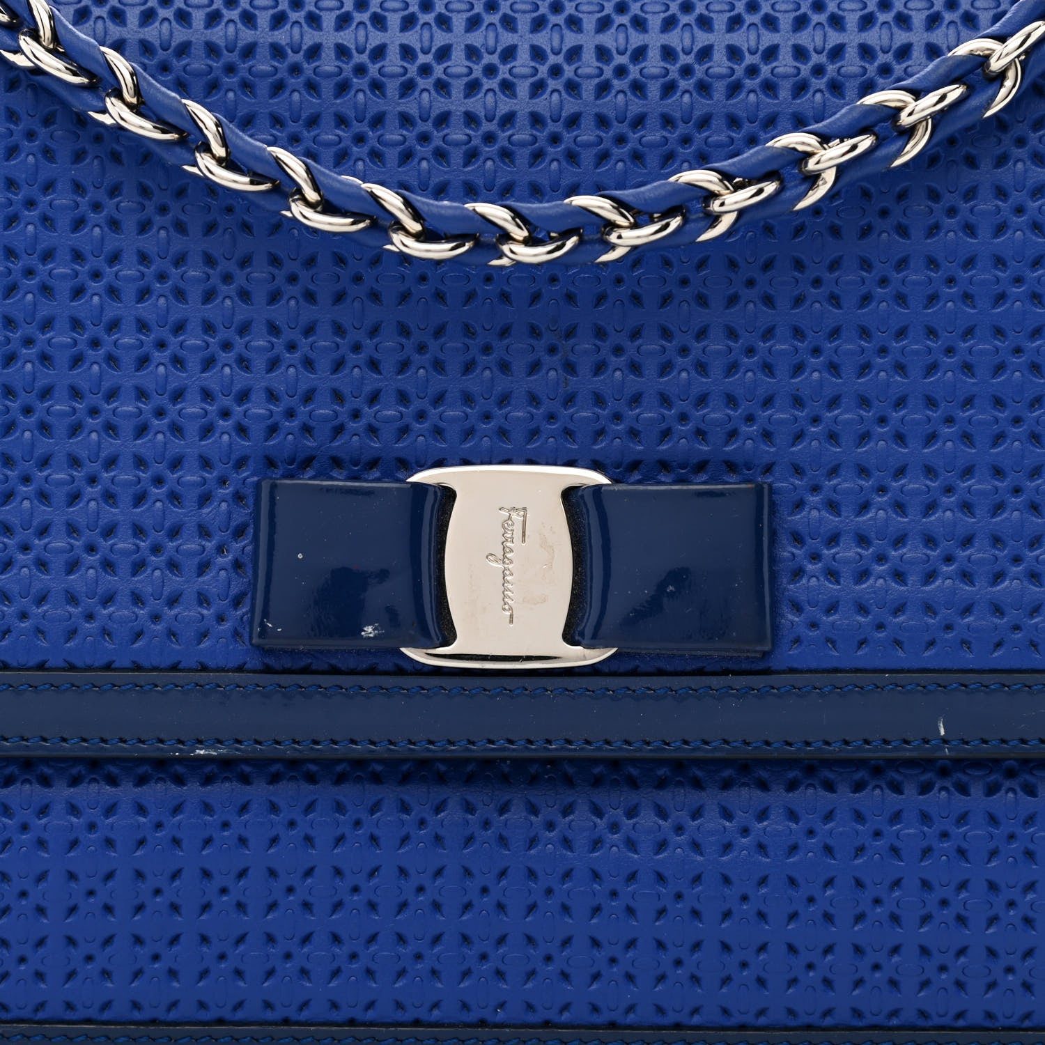 Salvatore Ferragamo Perforated Calfskin Patent Ginny Bow Crossbody Bag Blue 7 of 11