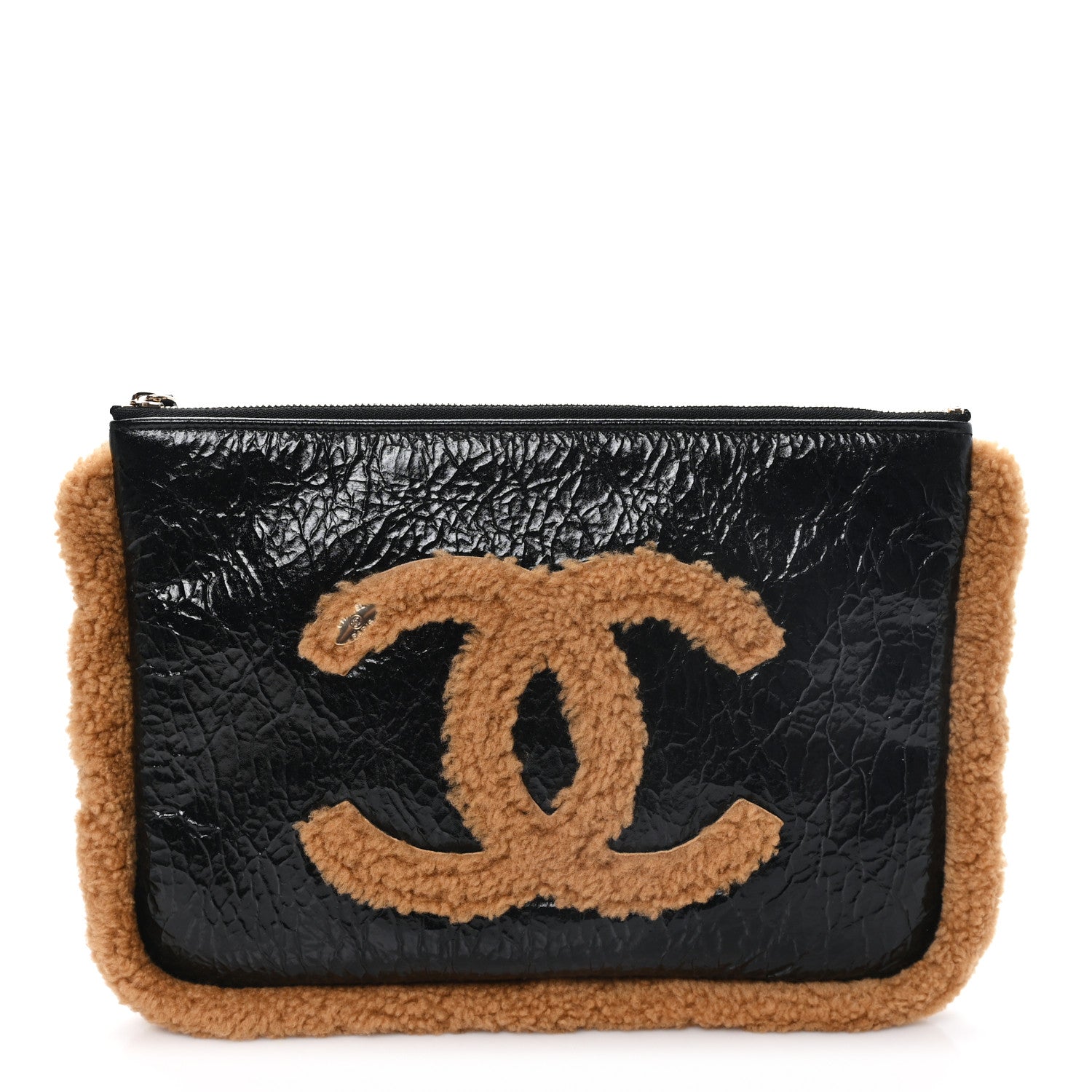 Chanel Shiny Crumpled Sheepskin Shearling CC Mania Zip Pouch Black Beige 1 of 7