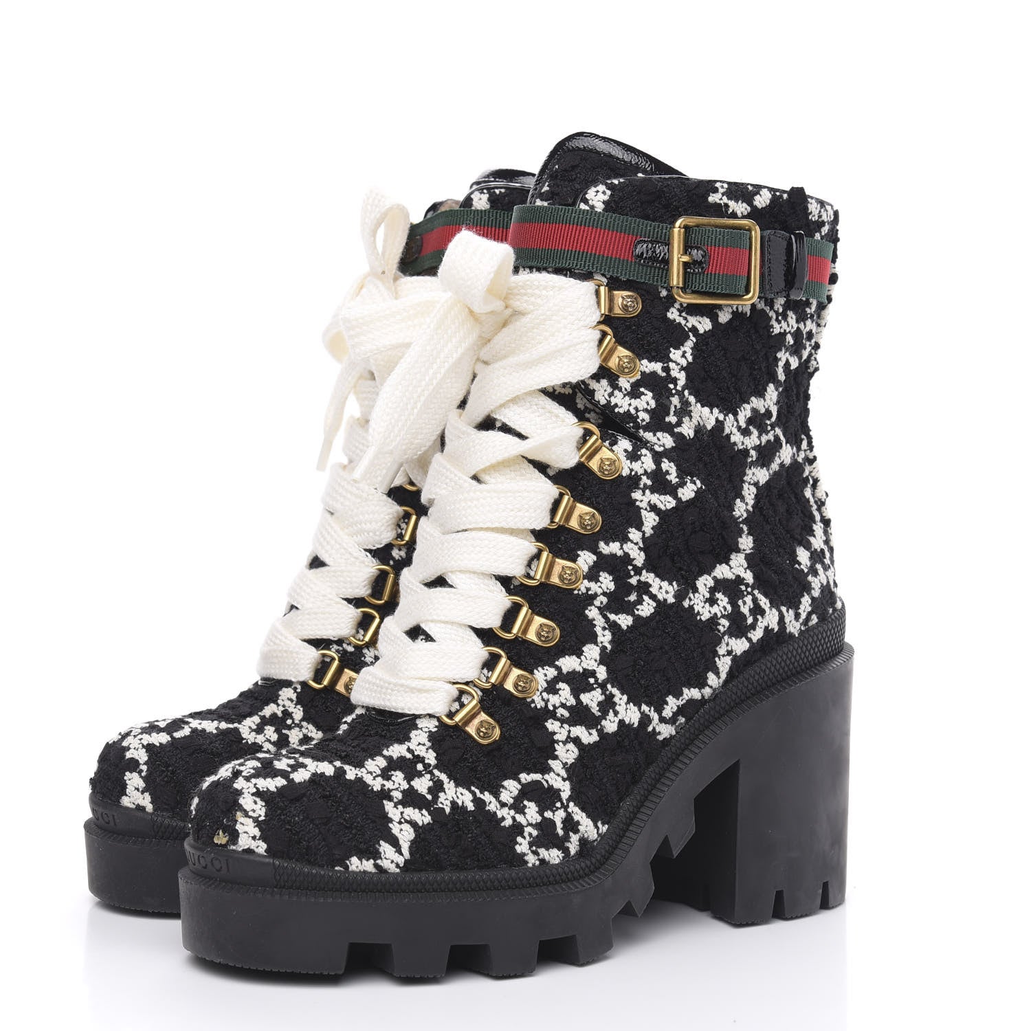 Gucci Tweed GG Monogram Lace Up Combat Ankle Boots 36.5 Black 3 of 8