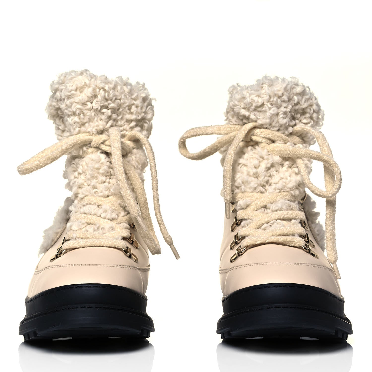 Chanel Calfskin Shearling CC Lace Up Boots 37.5 Light Beige Ivory 2 of 8