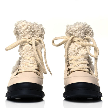 Chanel Calfskin Shearling CC Lace Up Boots 37.5 Light Beige Ivory 2 of 8
