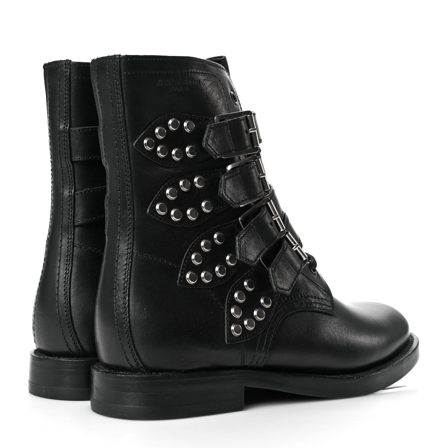 Saint Laurent Smooth Calfskin Studded Strap Rangers Boots 36 Black 4 of 20