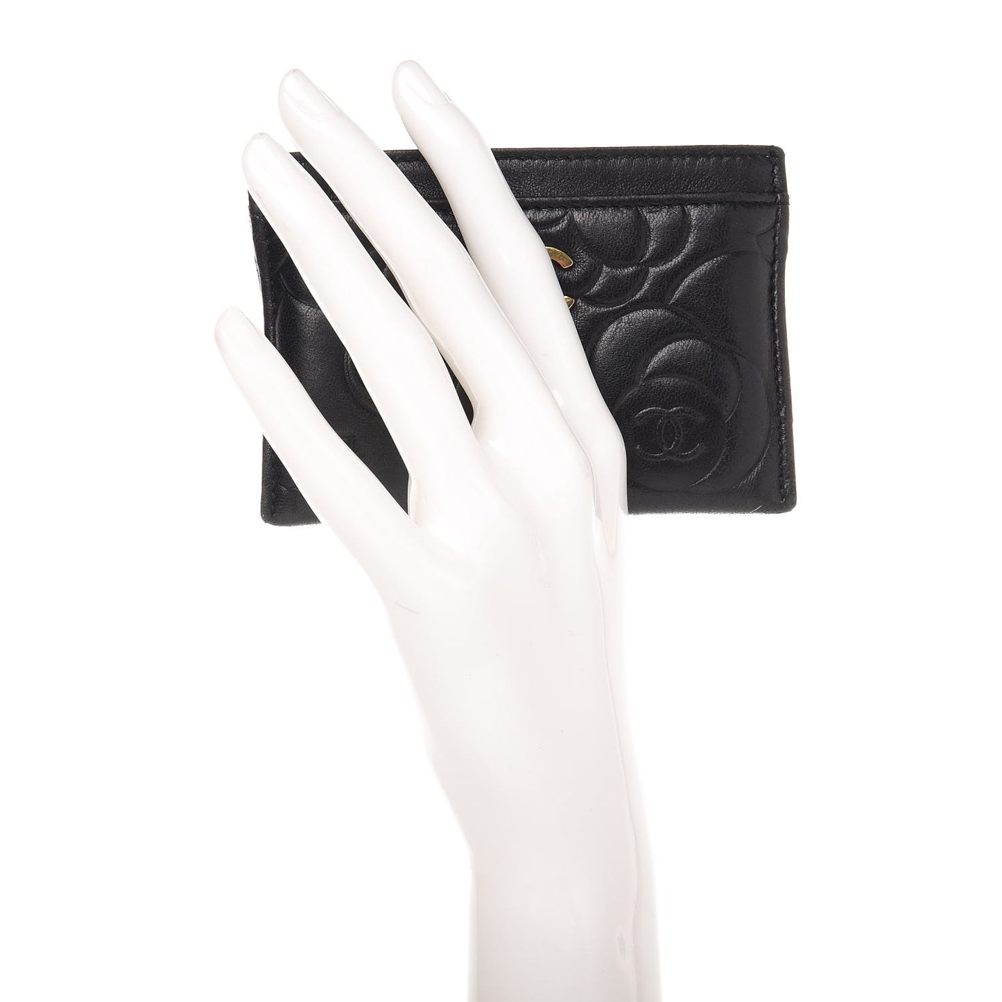 Lambskin Camellia Embossed Card Holder Black