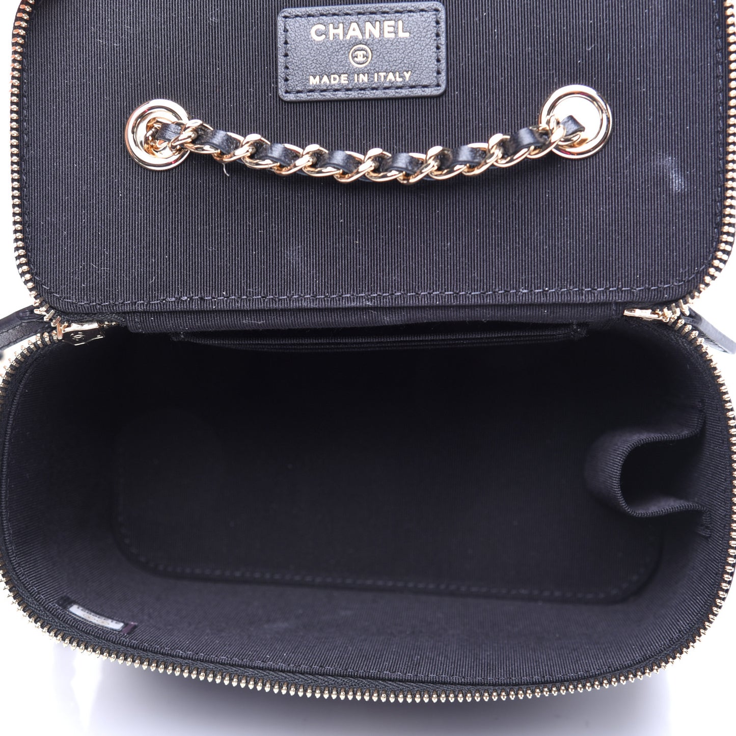 Lambskin Camellia Embossed Small Vanity Case With Chain Black