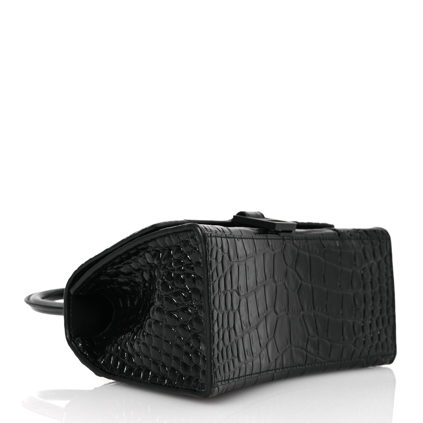 Shiny Calfskin Monochrome Crocodile Embossed Small Hourglass Top Handle Bag Black