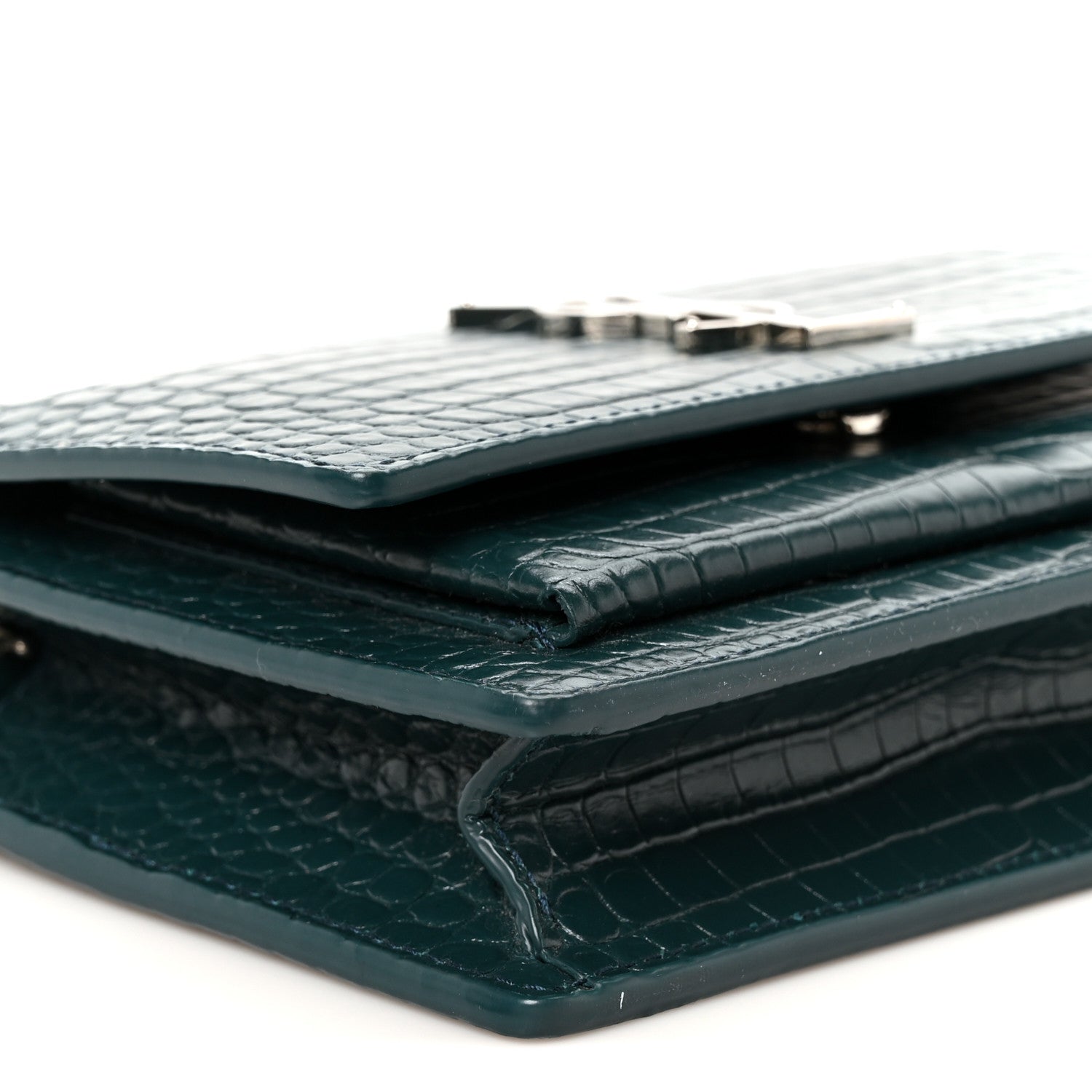 Saint Laurent Calfskin Crocodile Embossed Monogram Sunset Chain Wallet Dark Turquoise 9 of 10