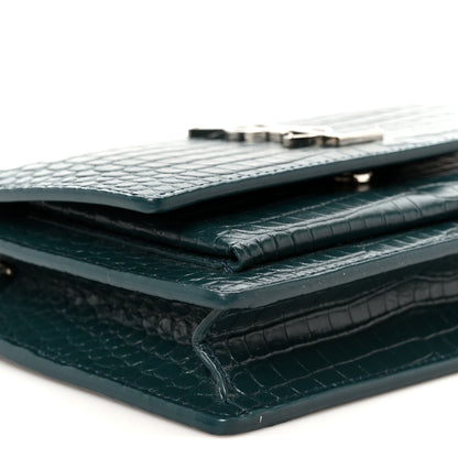 Saint Laurent Calfskin Crocodile Embossed Monogram Sunset Chain Wallet Dark Turquoise 9 of 10