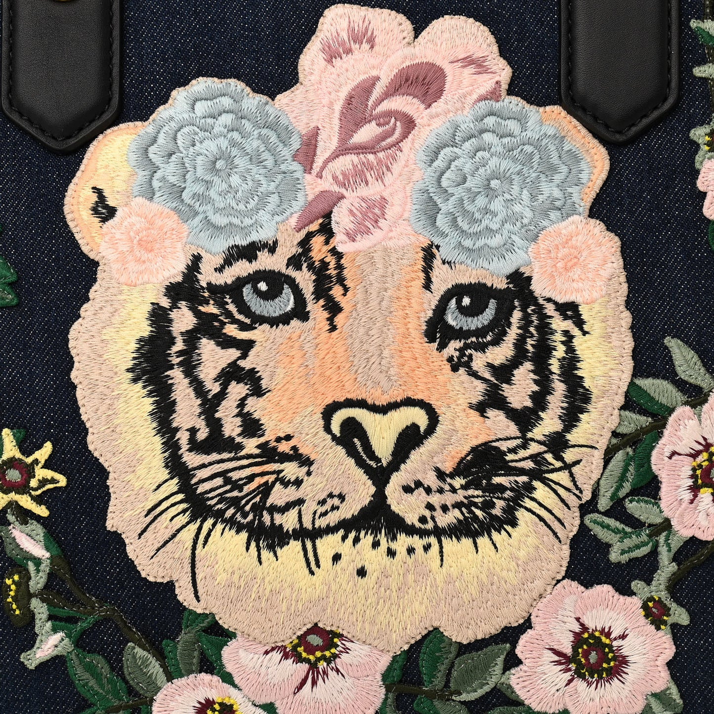 Denim Embroidered Tiger Tote Blue Multicolor